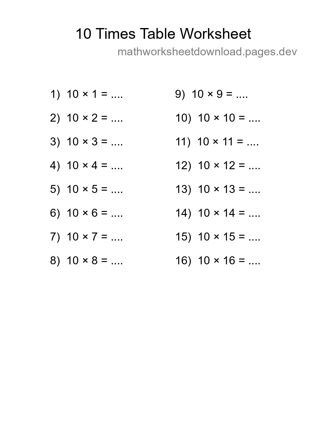 10 Times Table Worksheet For Grade 3 - Part 49