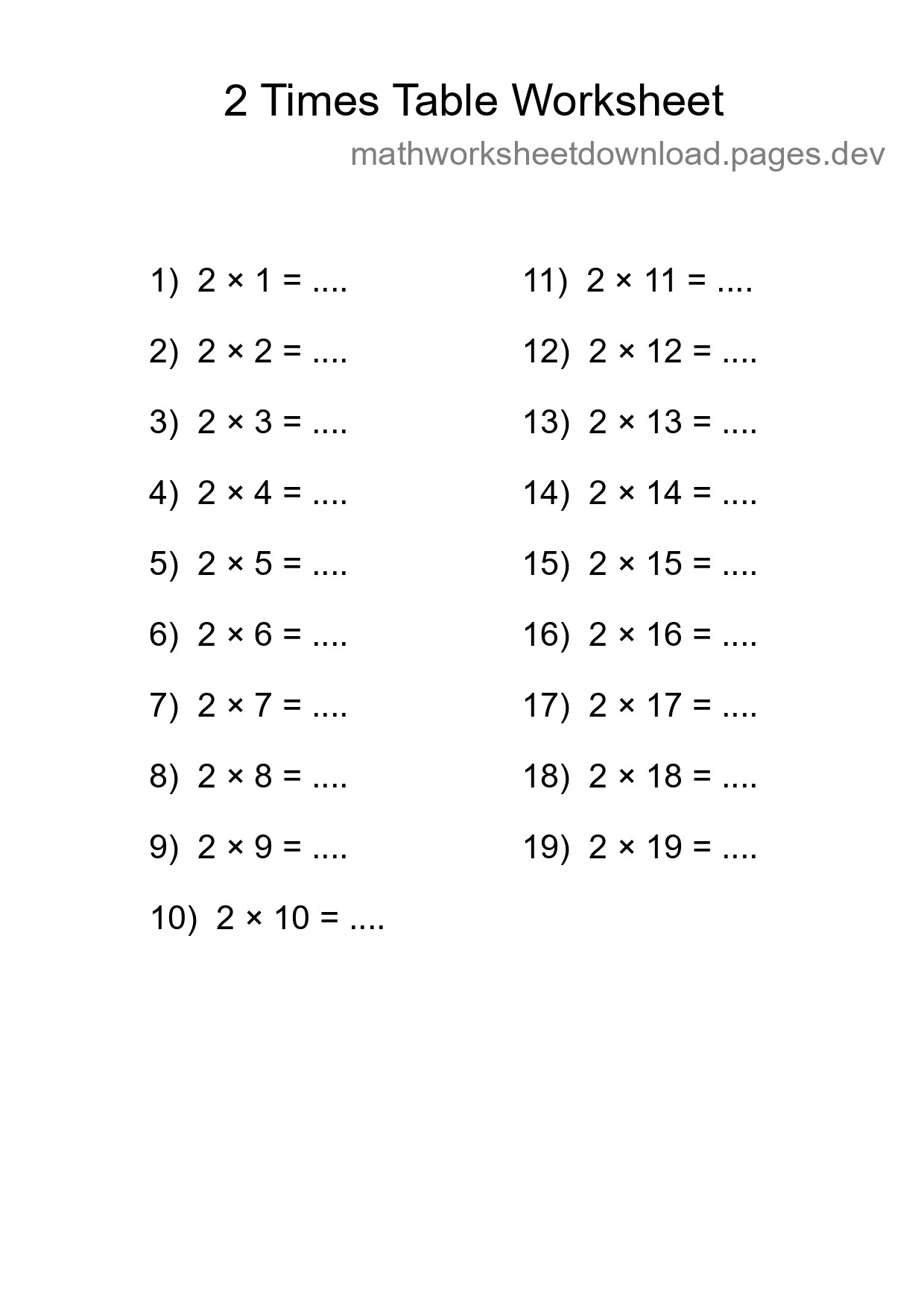 2 Times Table Worksheet For Grade 2 With Answers - Part 259