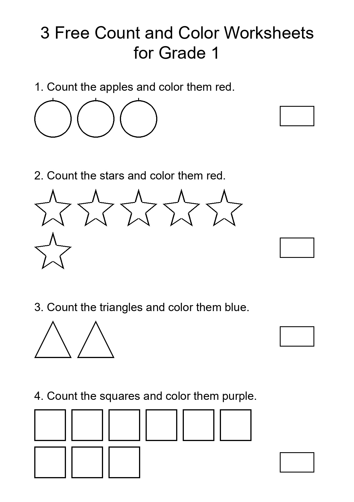 3 Free Count and Color Worksheets for Grade 1
