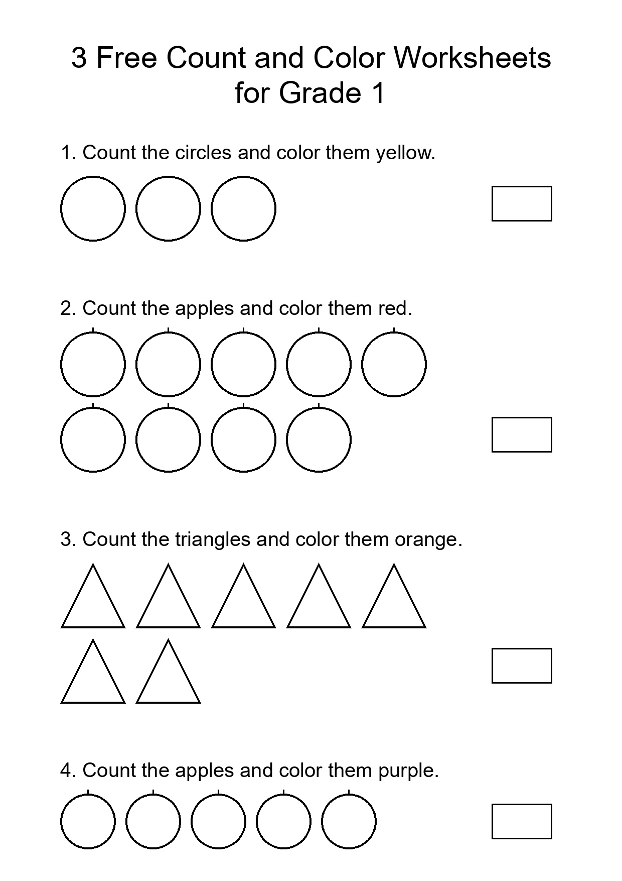3 Free Count and Color Worksheets for Grade 1