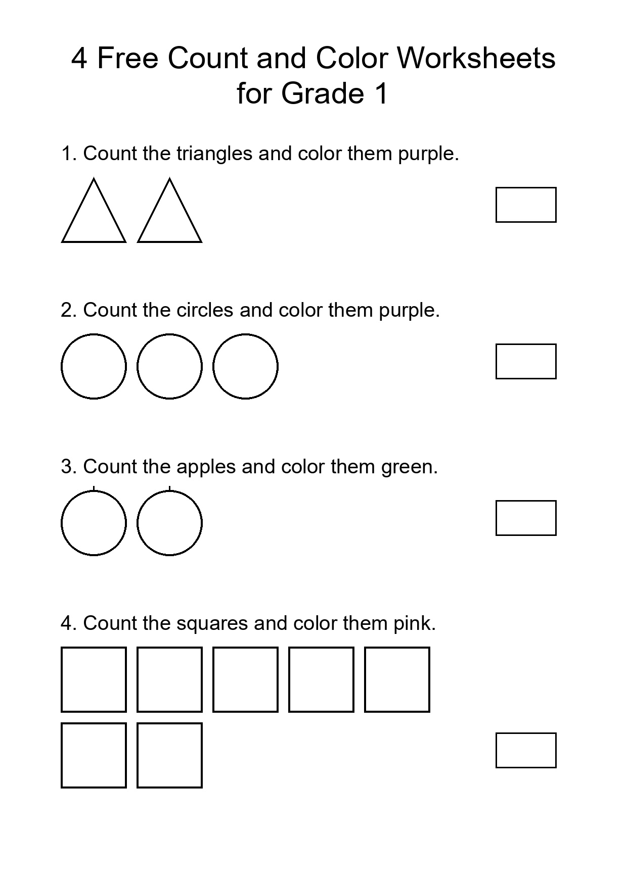 4 Free Count and Color Worksheets for Grade 1