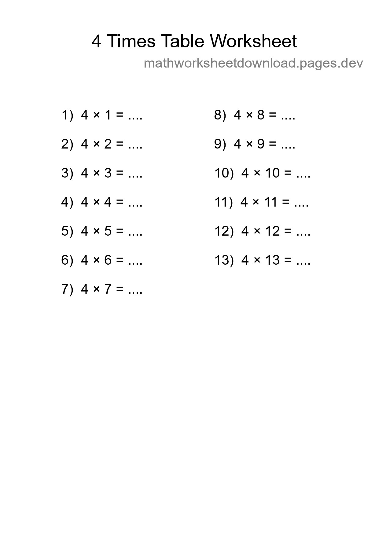 4 Times Table Worksheet For Grade 2 With Answers - Part 9