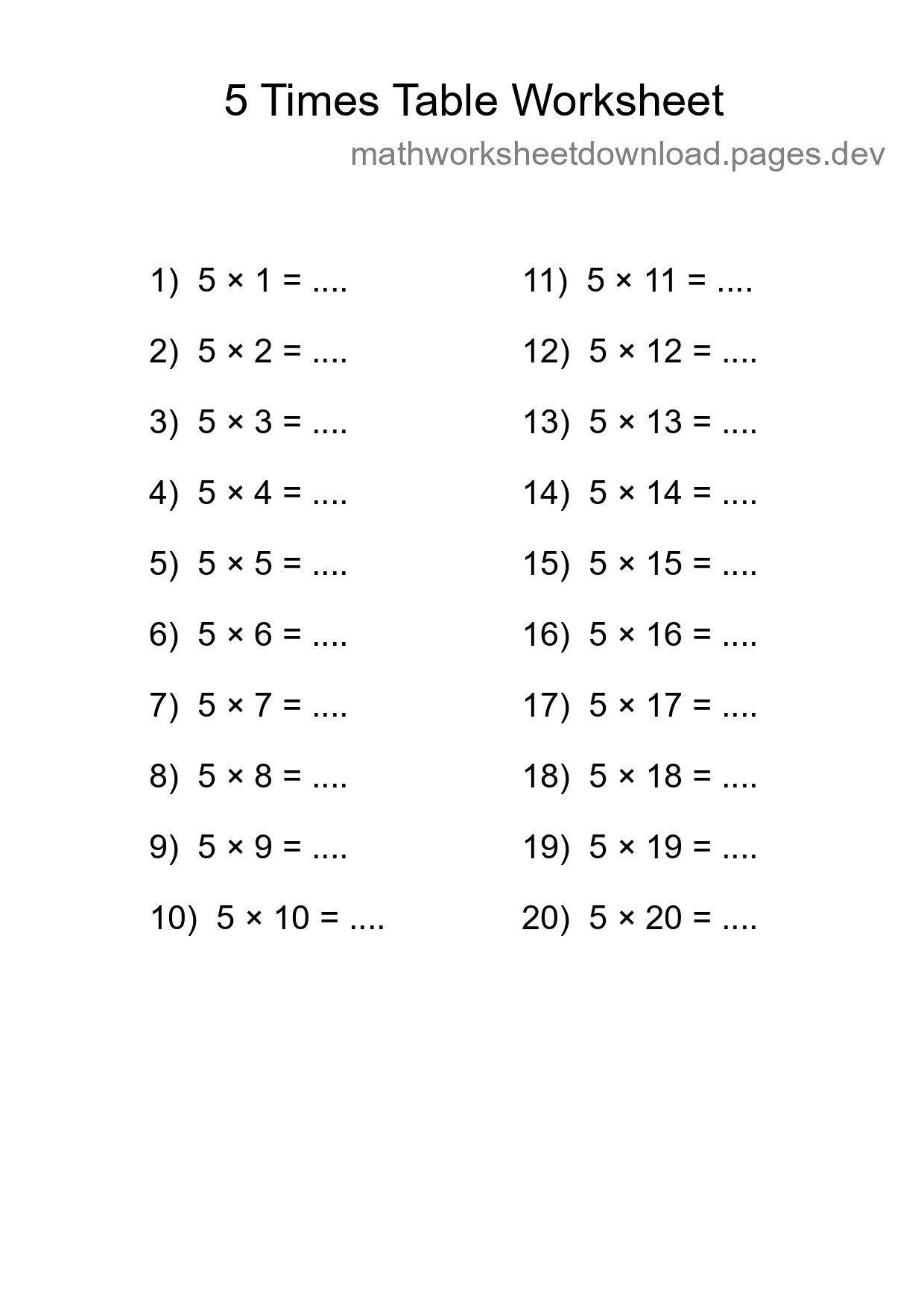 5 Times Table Worksheet For Grade 2 - Part 29