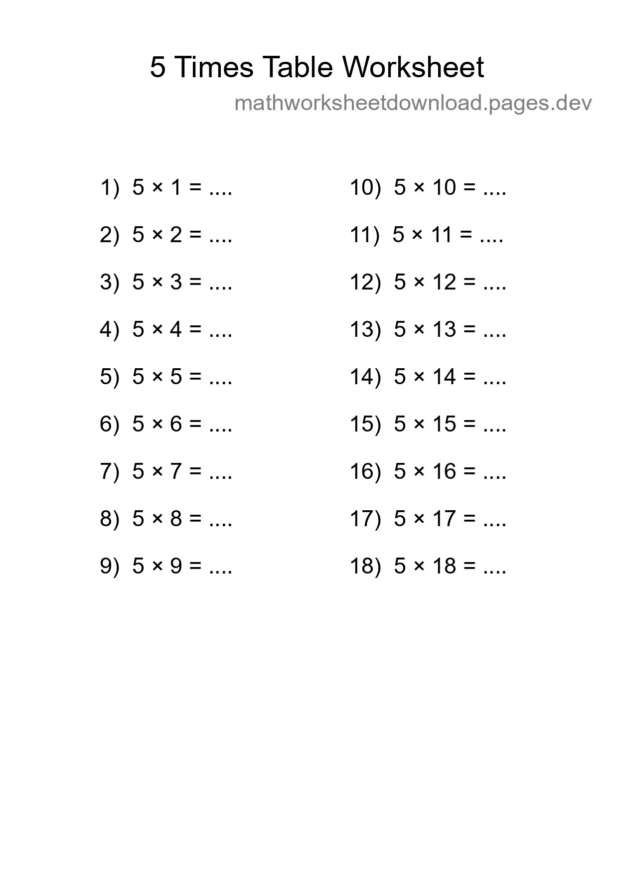 5 Times Table Worksheet For Grade 2 With Answers - Part 89