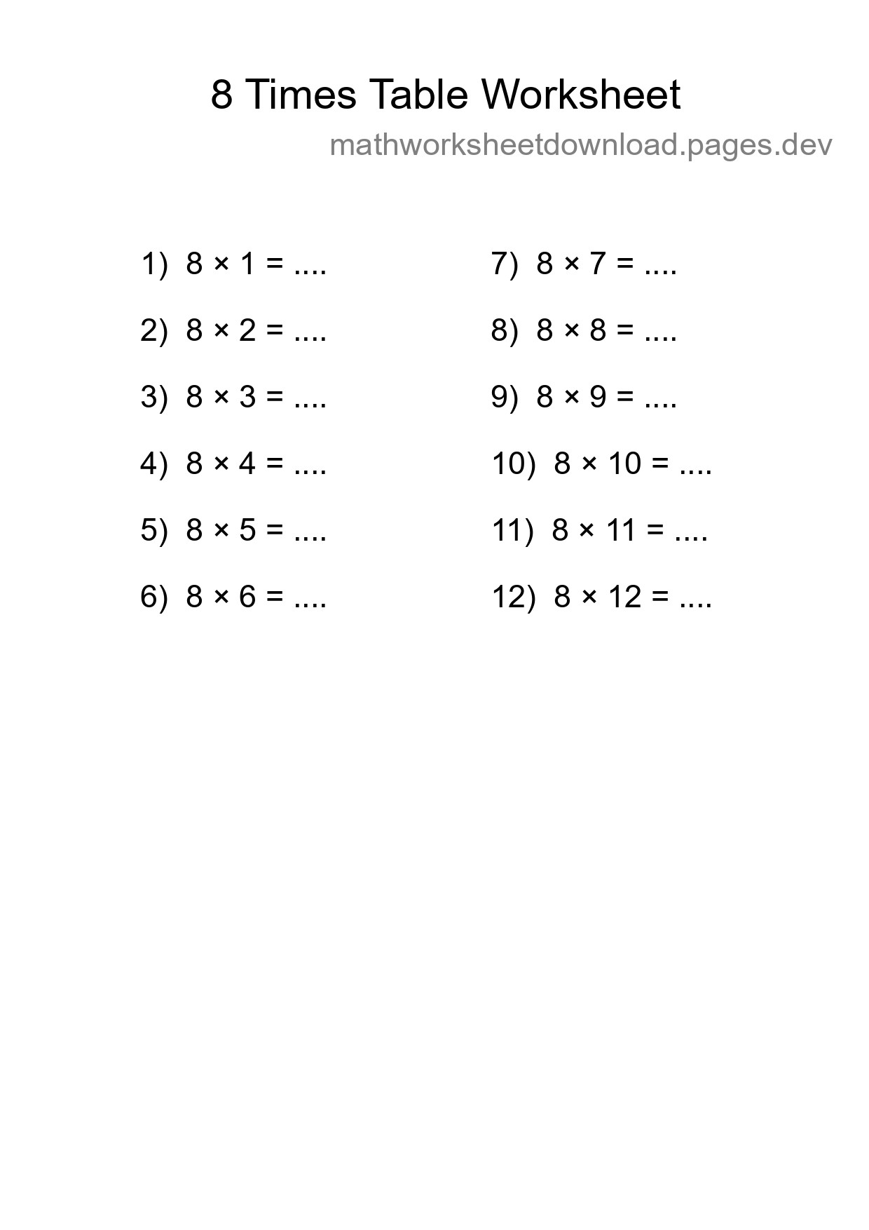 8 Times Table Worksheet For Grade 3 With Answers - Part 239