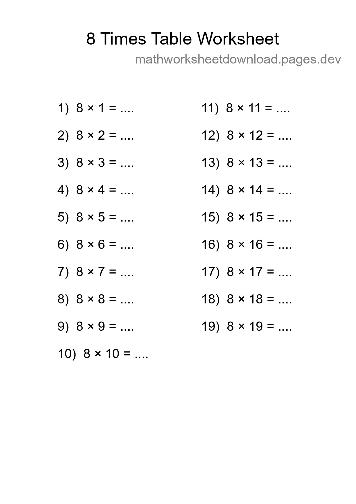 8 Times Table Worksheet For Grade 3 With Answers - Part 289