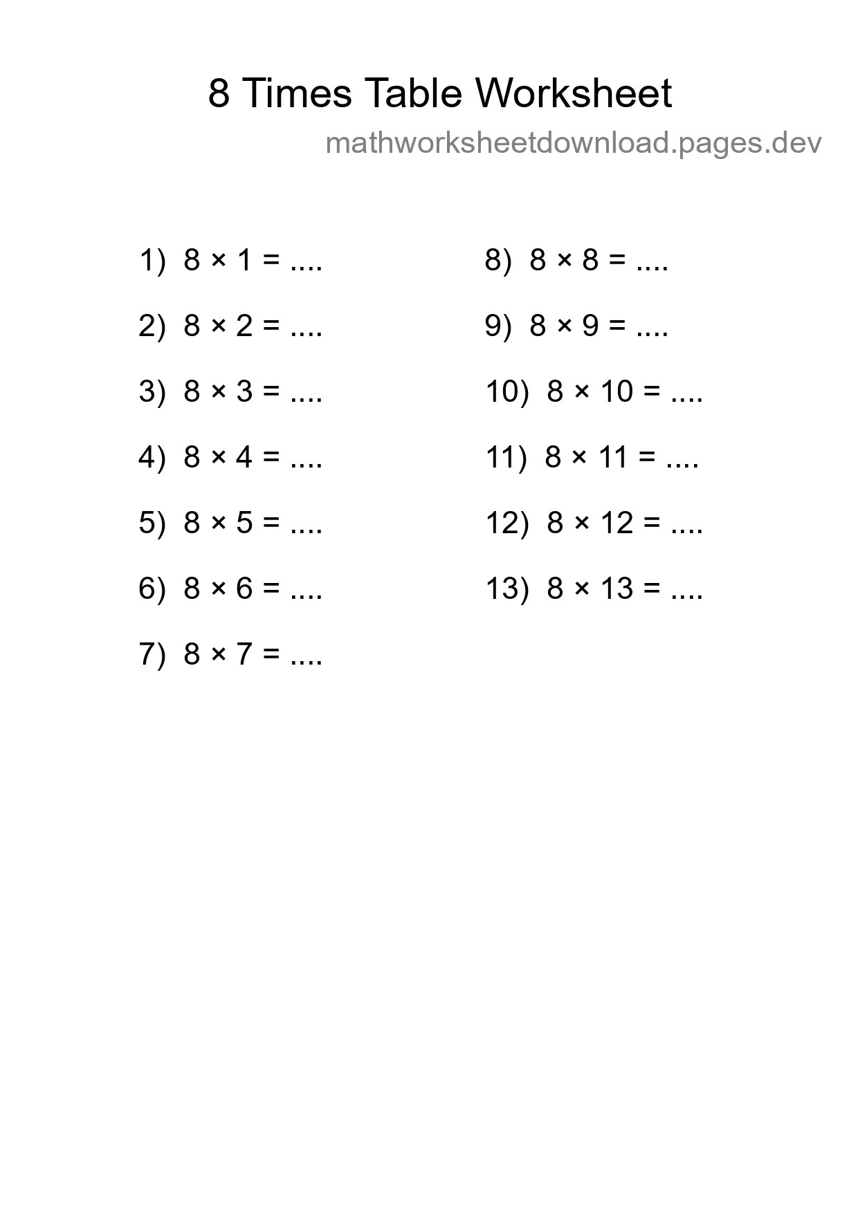 8 Times Table Worksheet For Grade 3 With Answers - Part 99