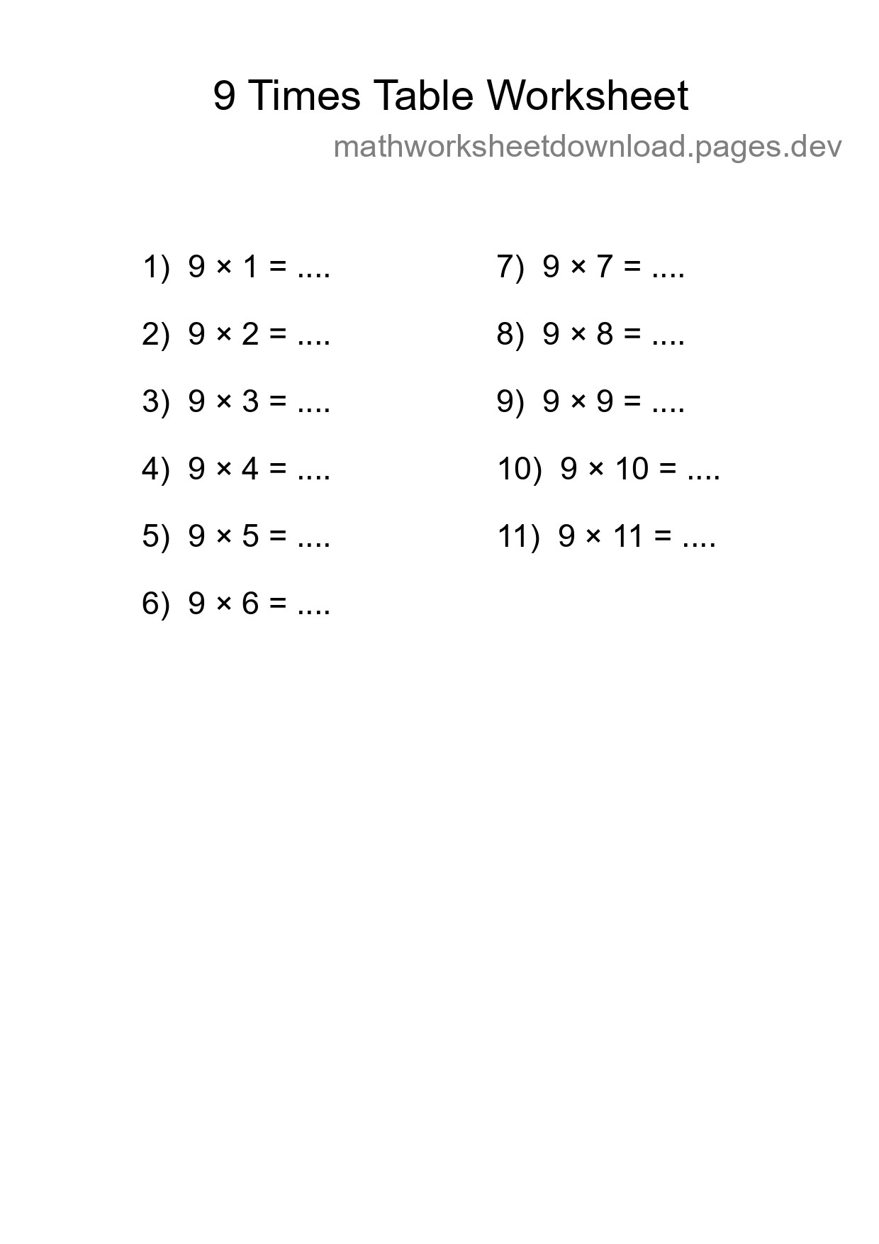 9 Times Table Worksheet For Grade 3 - Part 199