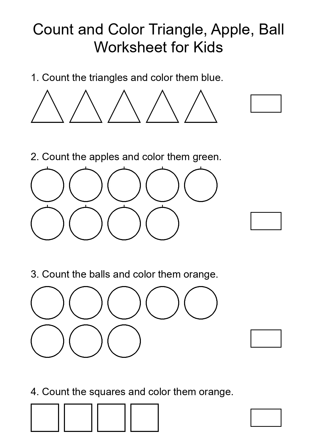 Count and Color Triangle, Apple, Ball Worksheet for Kids