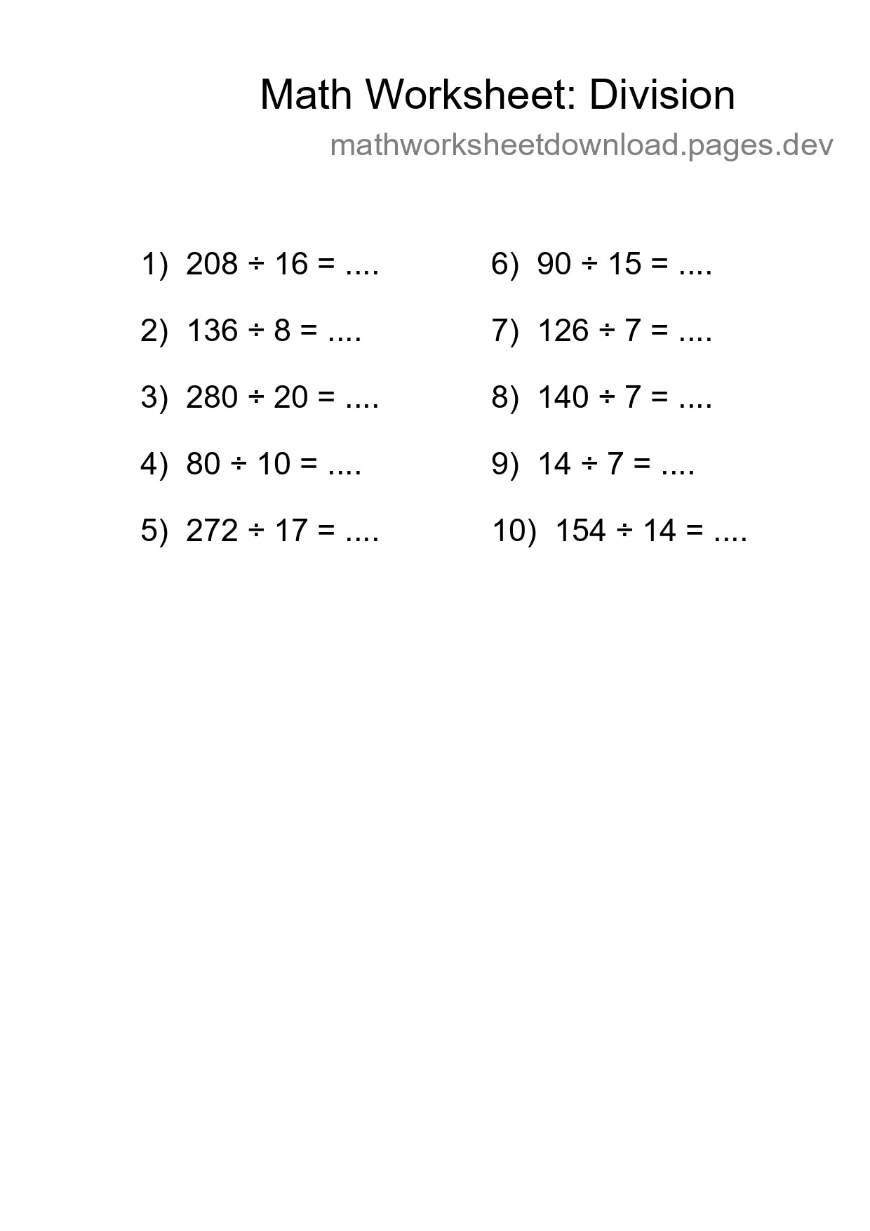 Free 10 Division Math Worksheet For Grade 2 With Answers - Part 274