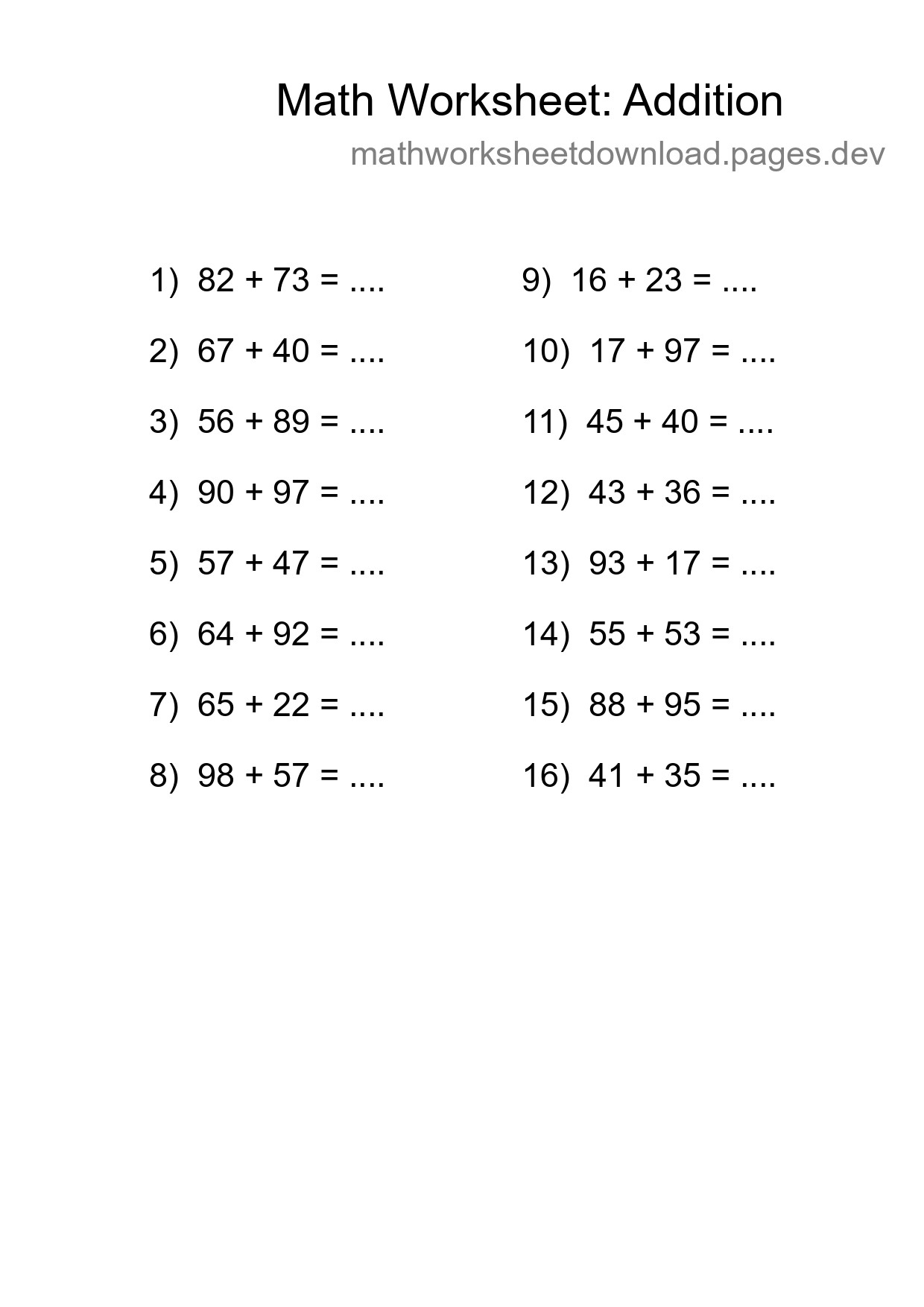 Free 16 Addition Math Worksheet For Grade 3 With Answers