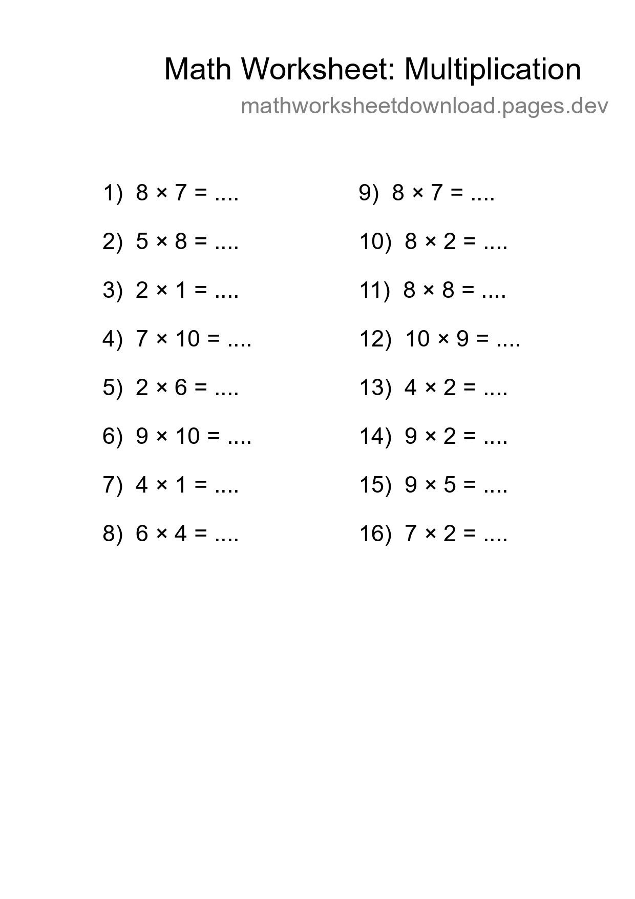 Free 16 Multiplication Math Worksheet For Grade 1 With Answers - Part 267