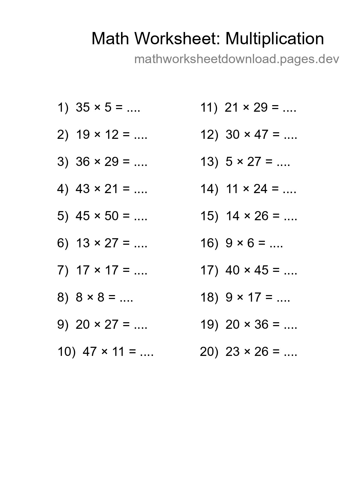 Free 20 Multiplication Math Worksheet For Grade 2 With Answers - Part 177