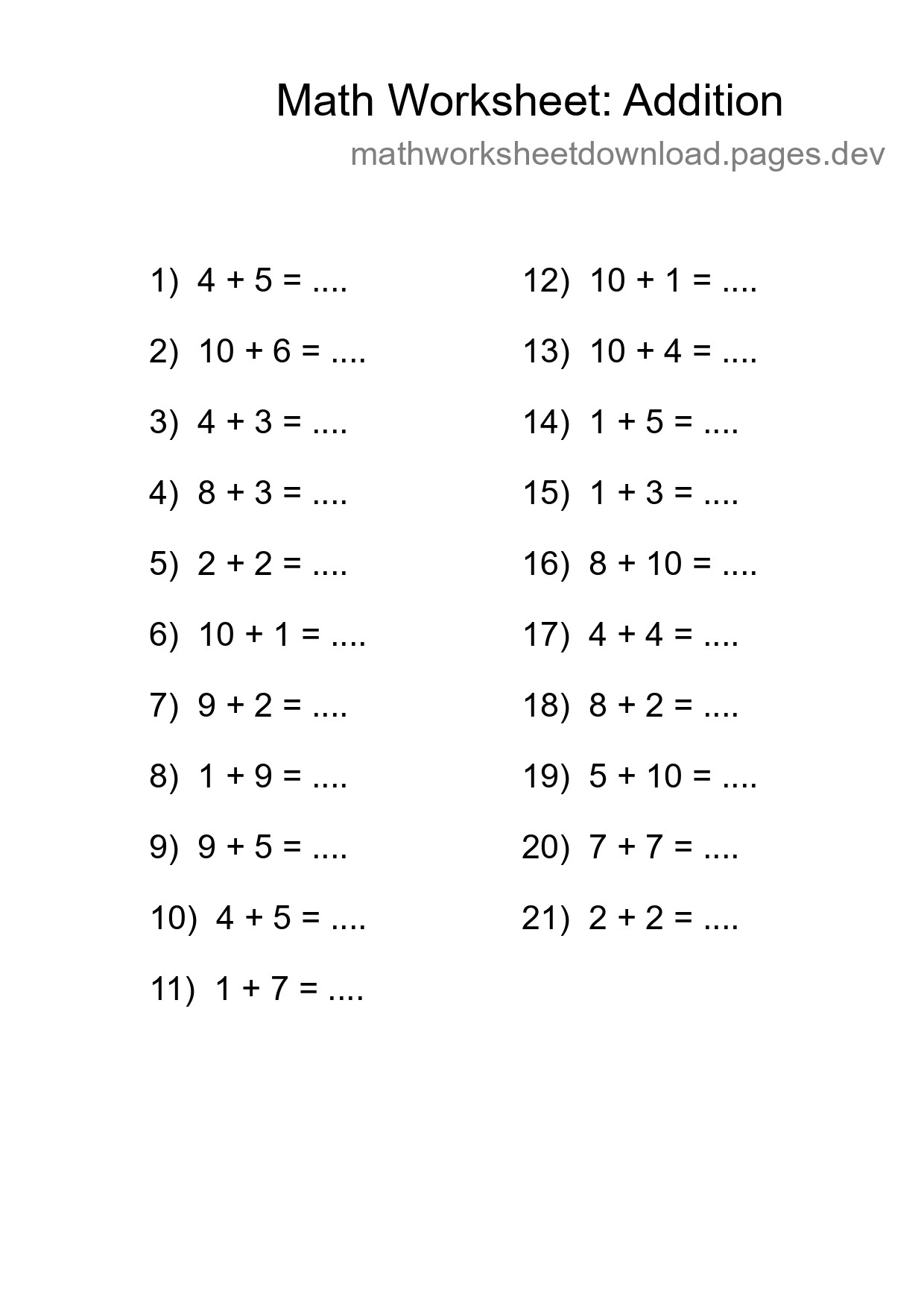 Free 21 Addition Math Worksheet For Grade 1 - Part 151