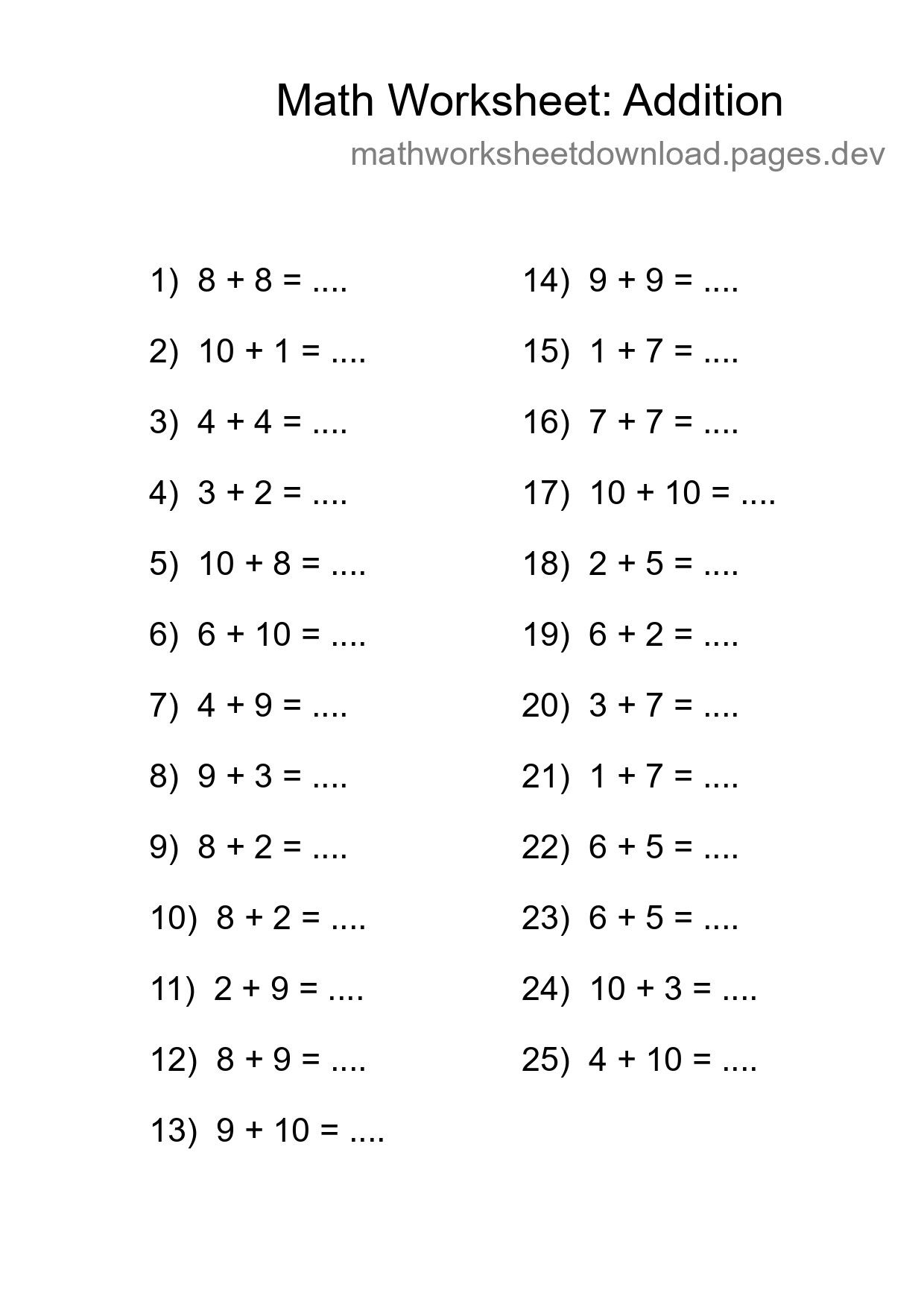 Free 25 Addition Math Worksheet For Grade 1 - Part 71
