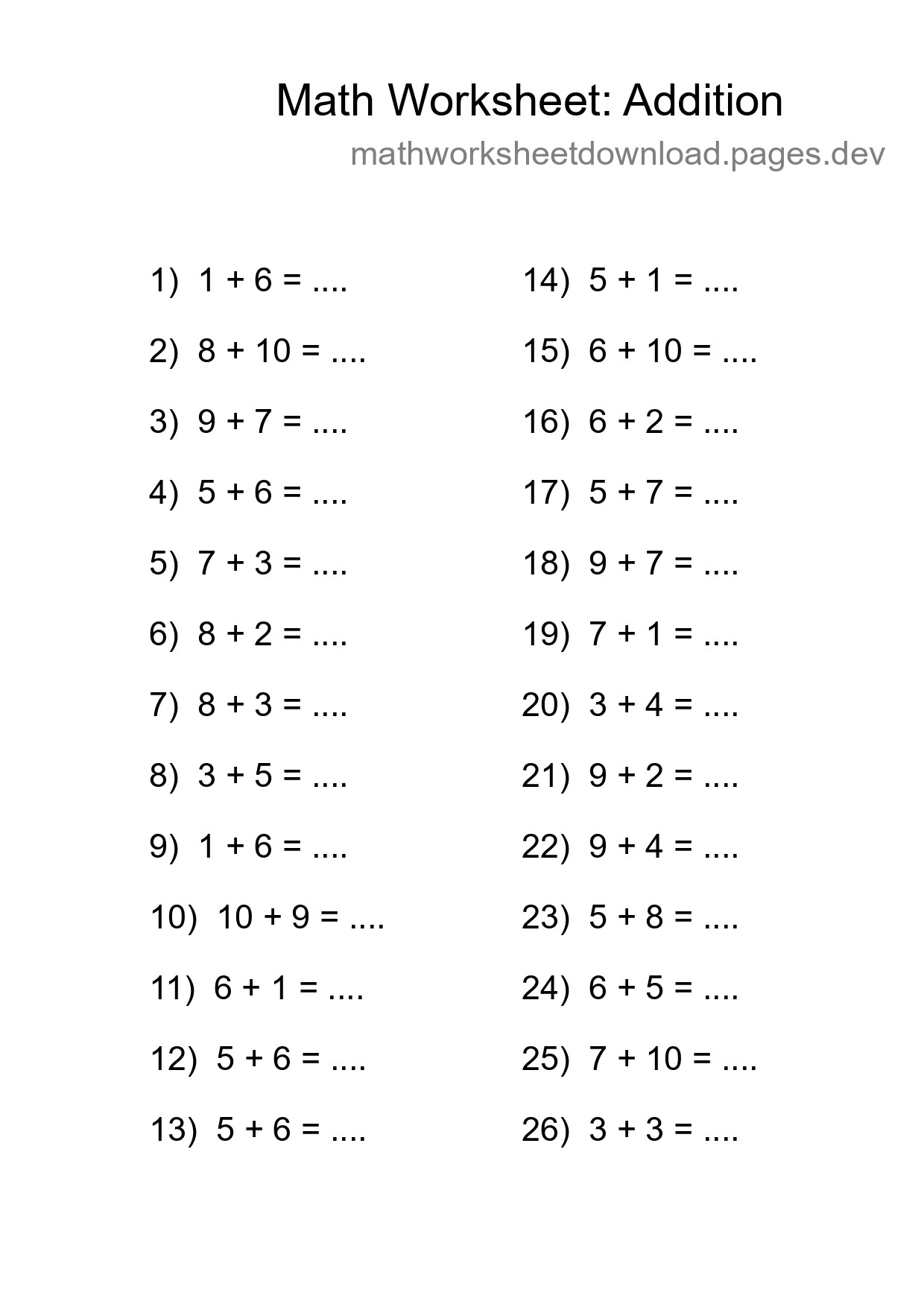 Free 26 Addition Math Worksheet For Grade 1 - Part 41