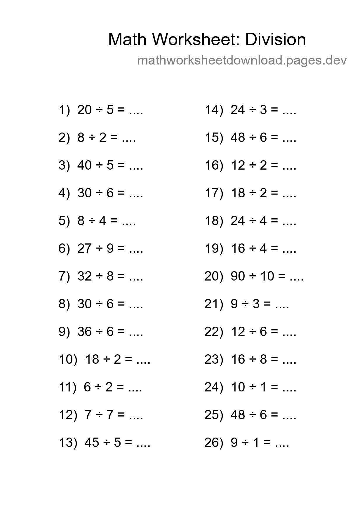 Free 26 Division Math Worksheet For Grade 1 With Answers - Part 94