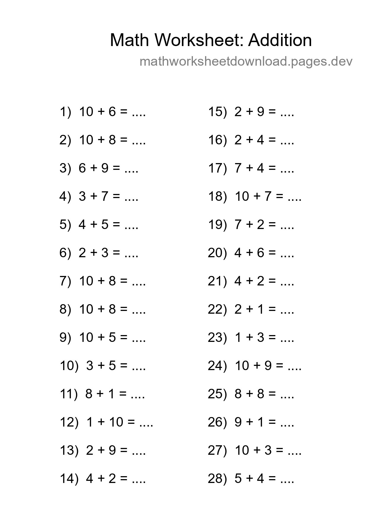 Free 28 Addition Math Worksheet For Grade 1 - Part 11