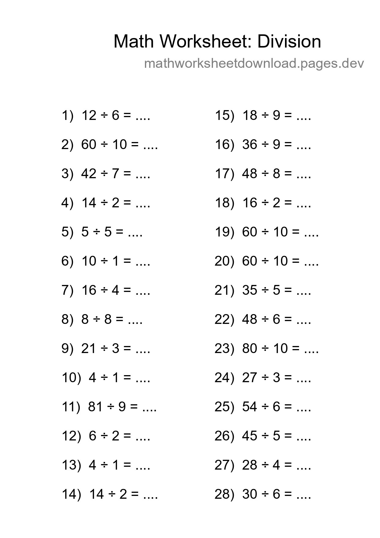 Free 28 Division Math Worksheet For Grade 1 With Answers - Part 254