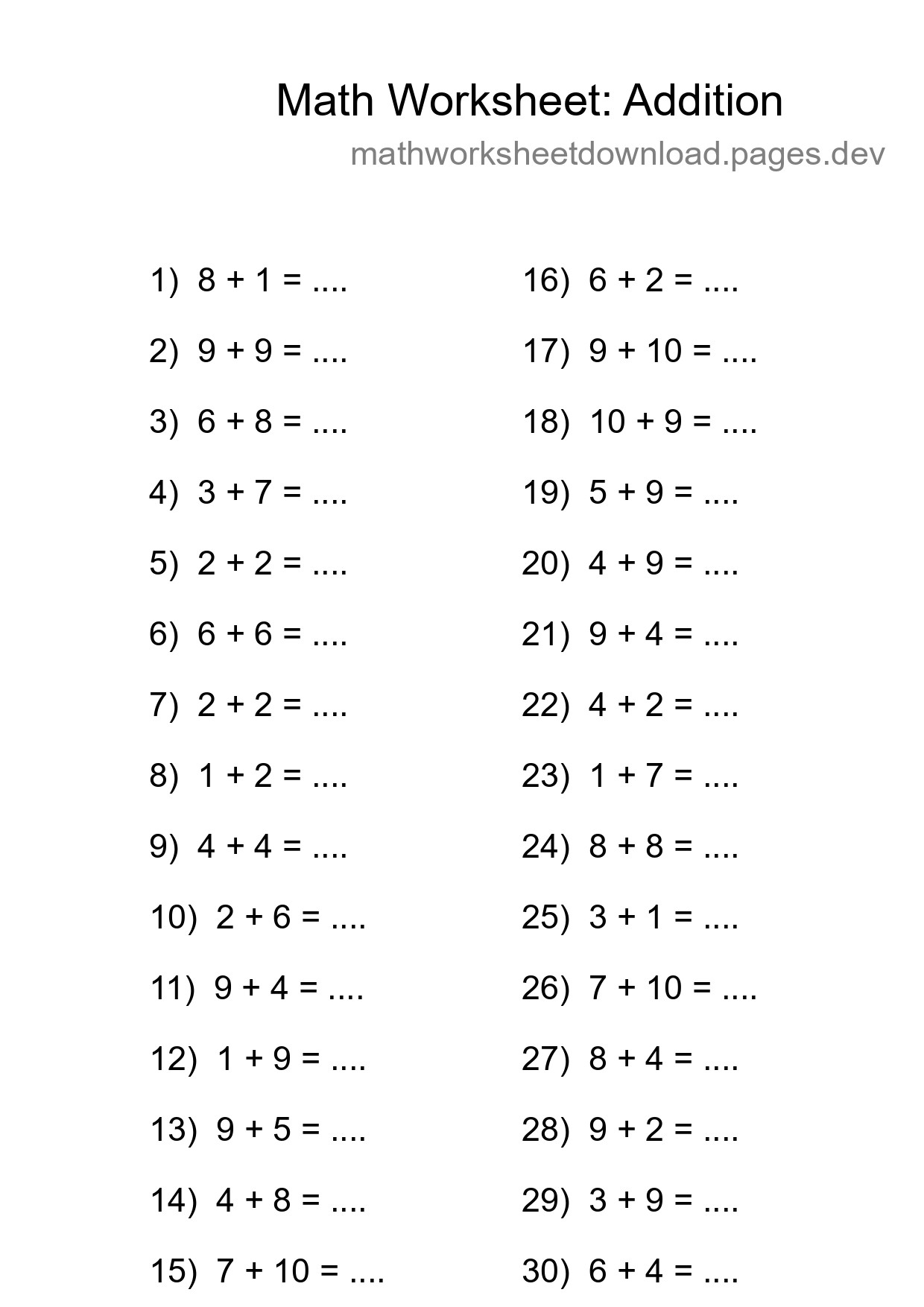 Free 30 Addition Math Worksheet For Grade 1 With Answers - Part 181