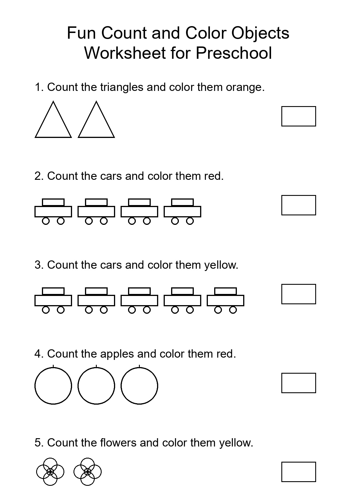 Fun Count and Color Objects Worksheet for Preschool