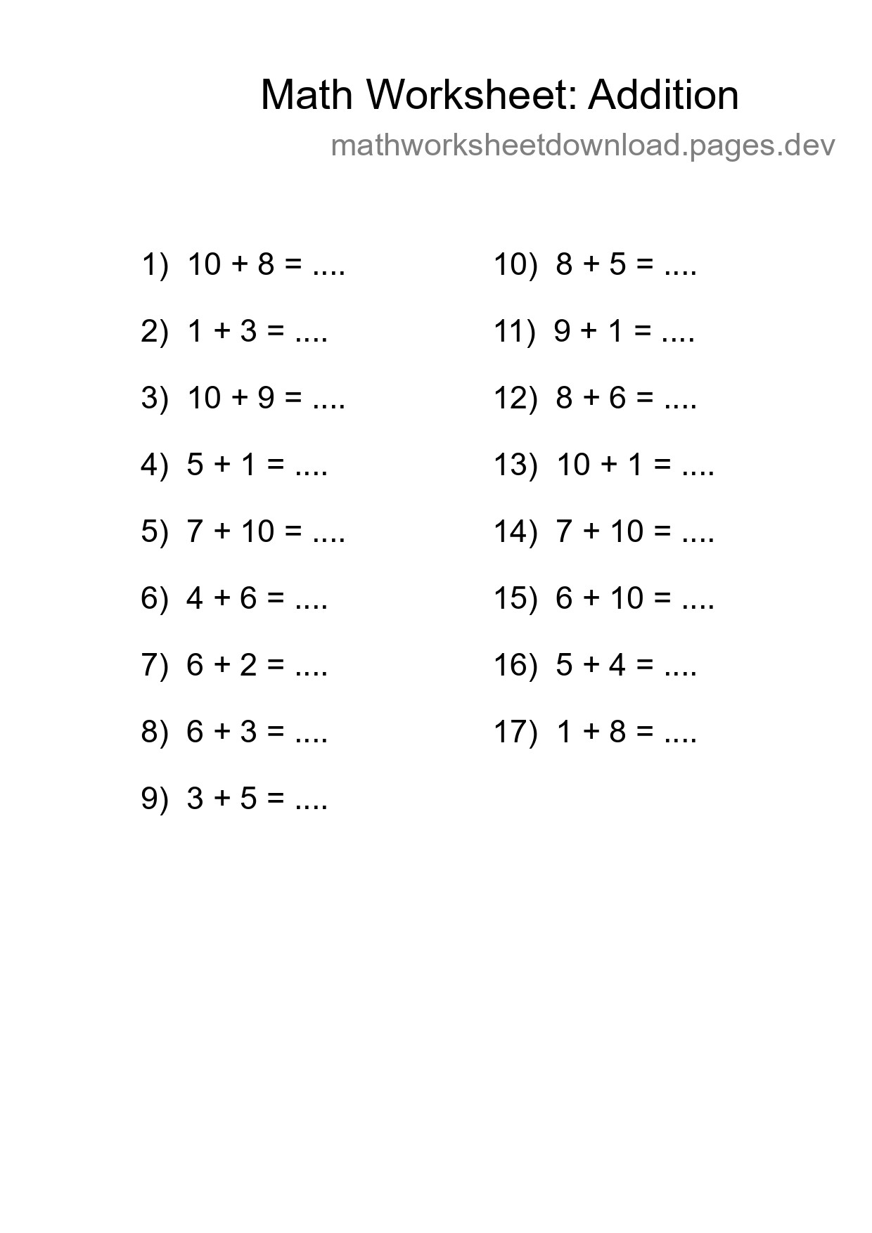 Grade 1 Addition Practice Worksheet (17 Problems) - Part 211