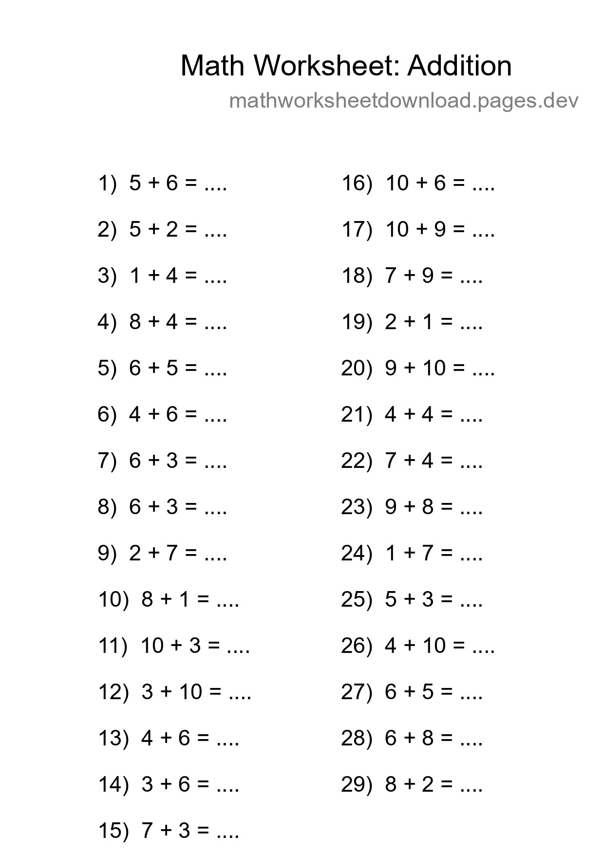 Grade 1 Addition Practice Worksheet (29 Problems) - Part 121