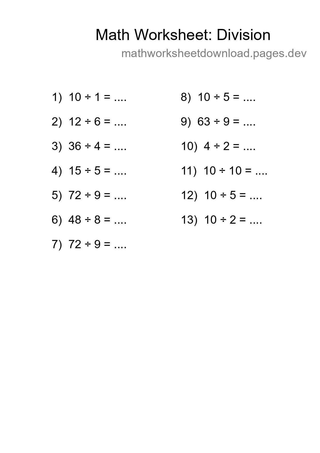 Grade 1 Division Practice Worksheet (13 Problems) - Part 104