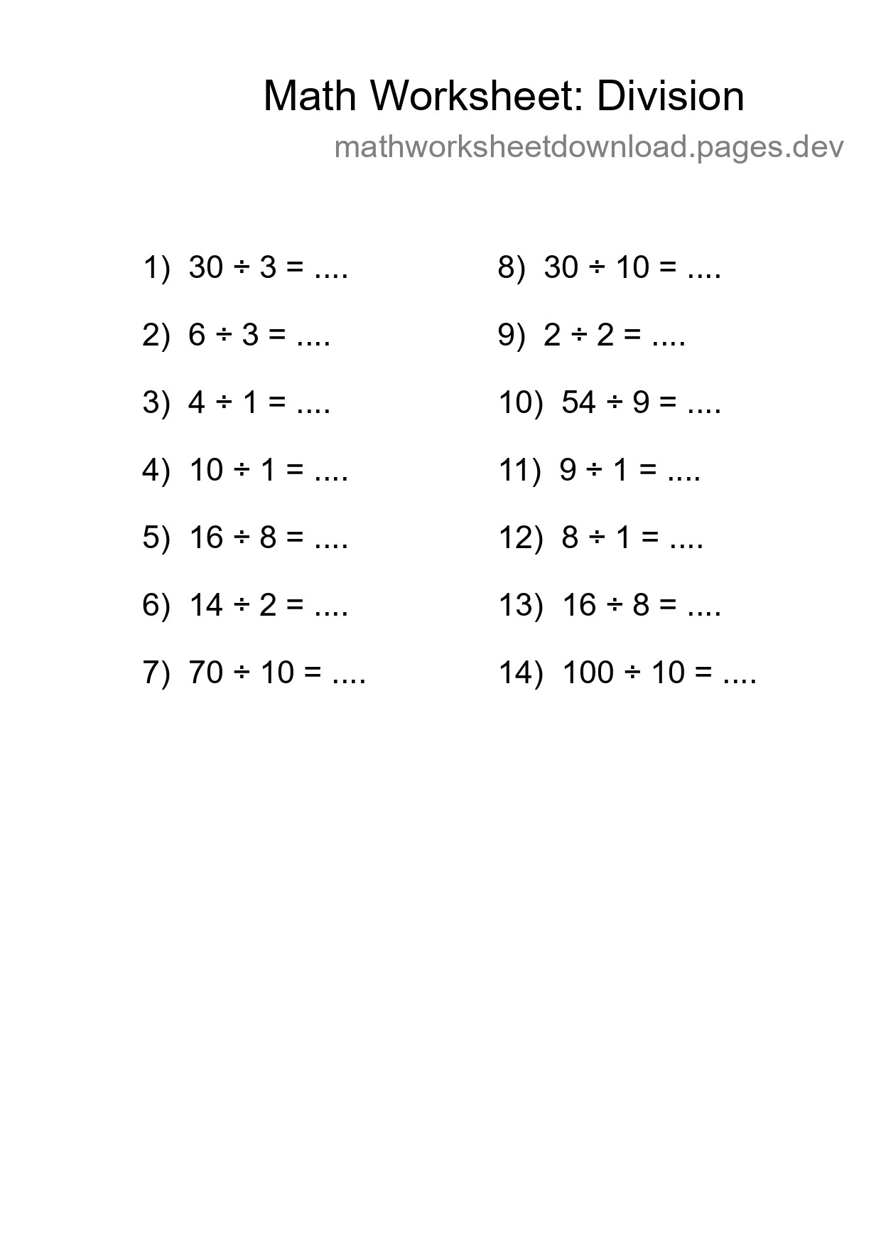 Grade 1 Division Practice Worksheet (14 Problems) - Part 4