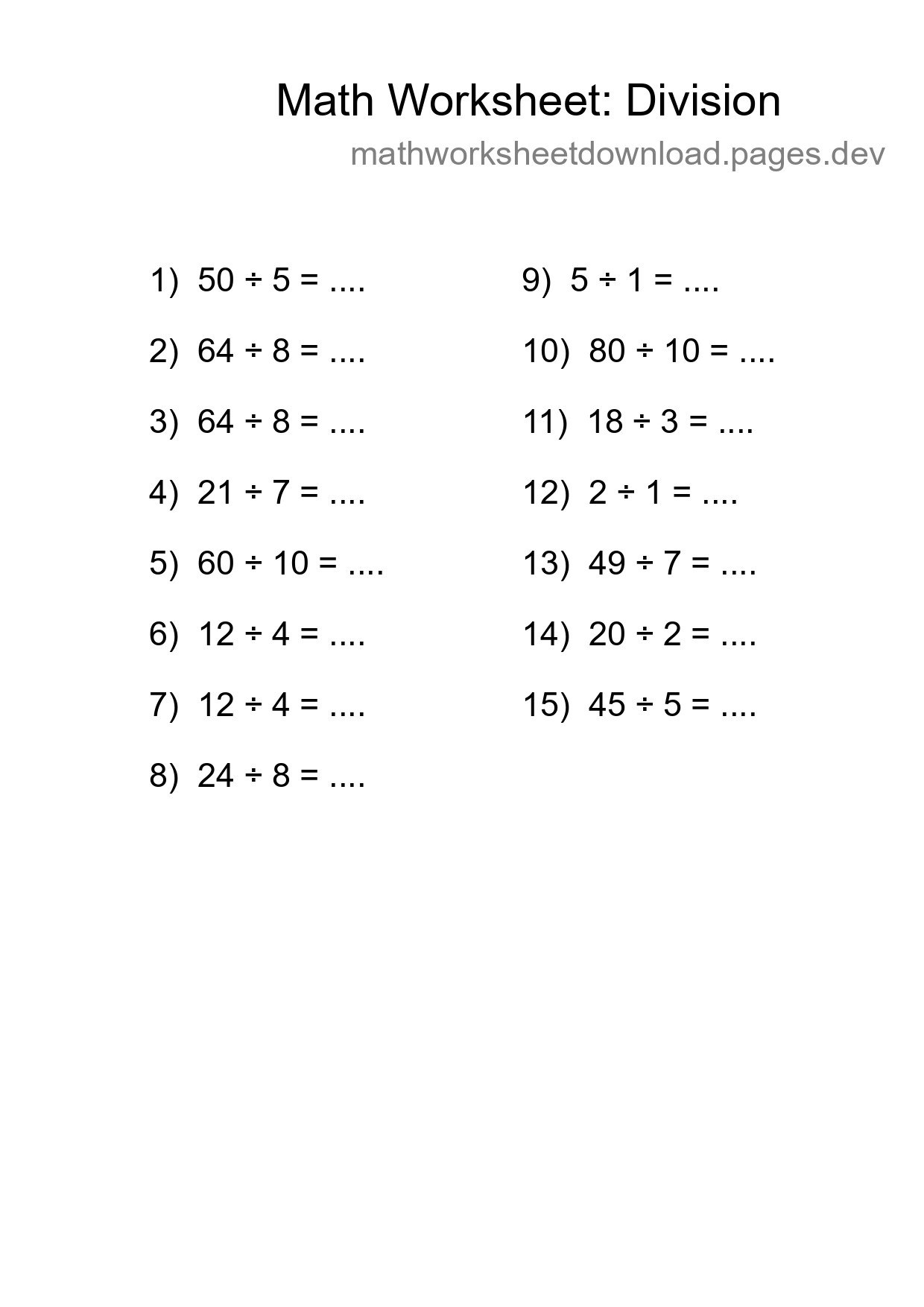 Grade 1 Division Practice Worksheet (15 Problems) - Part 144