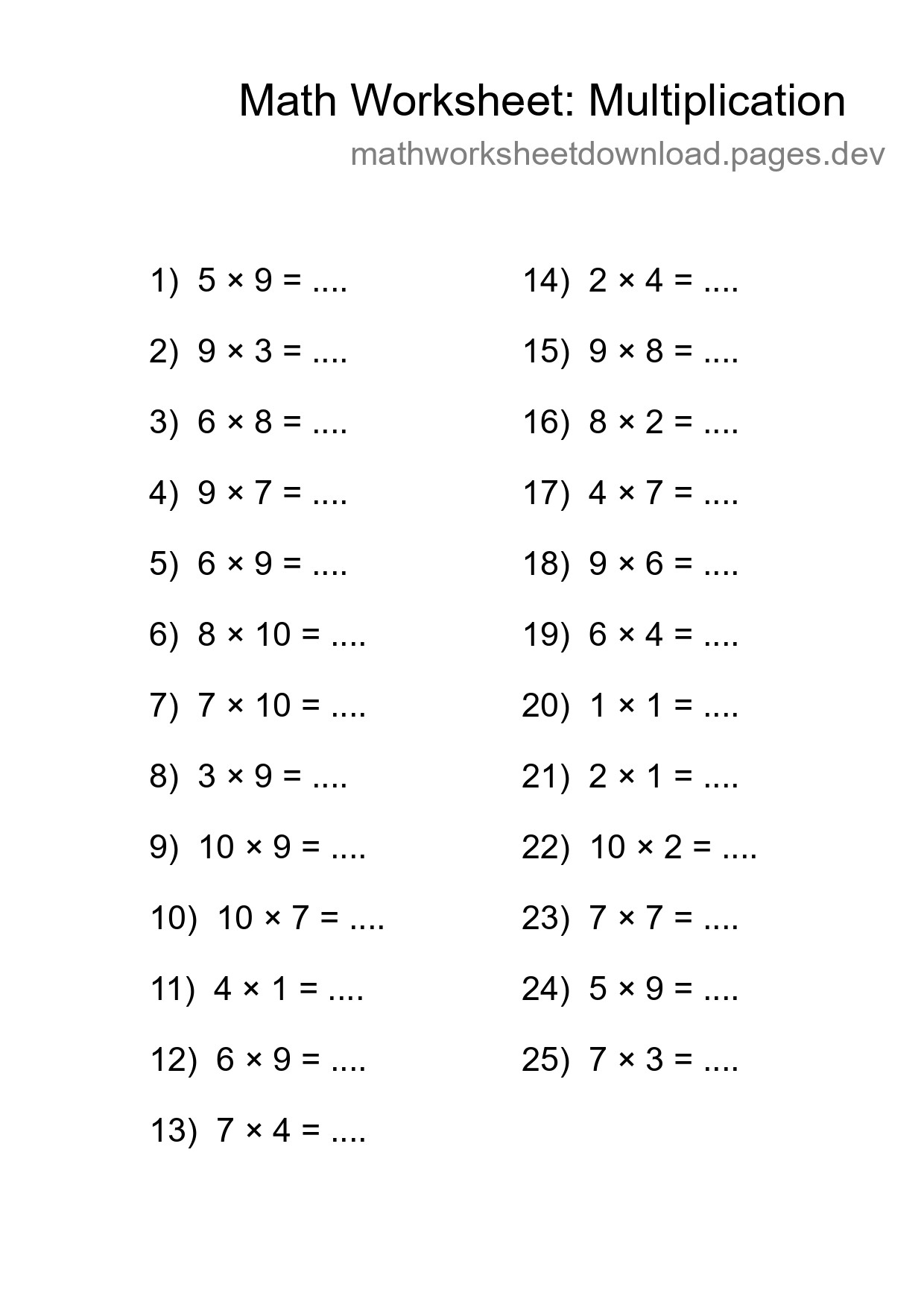 Grade 1 Multiplication Practice Worksheet (25 Problems) - Part 47