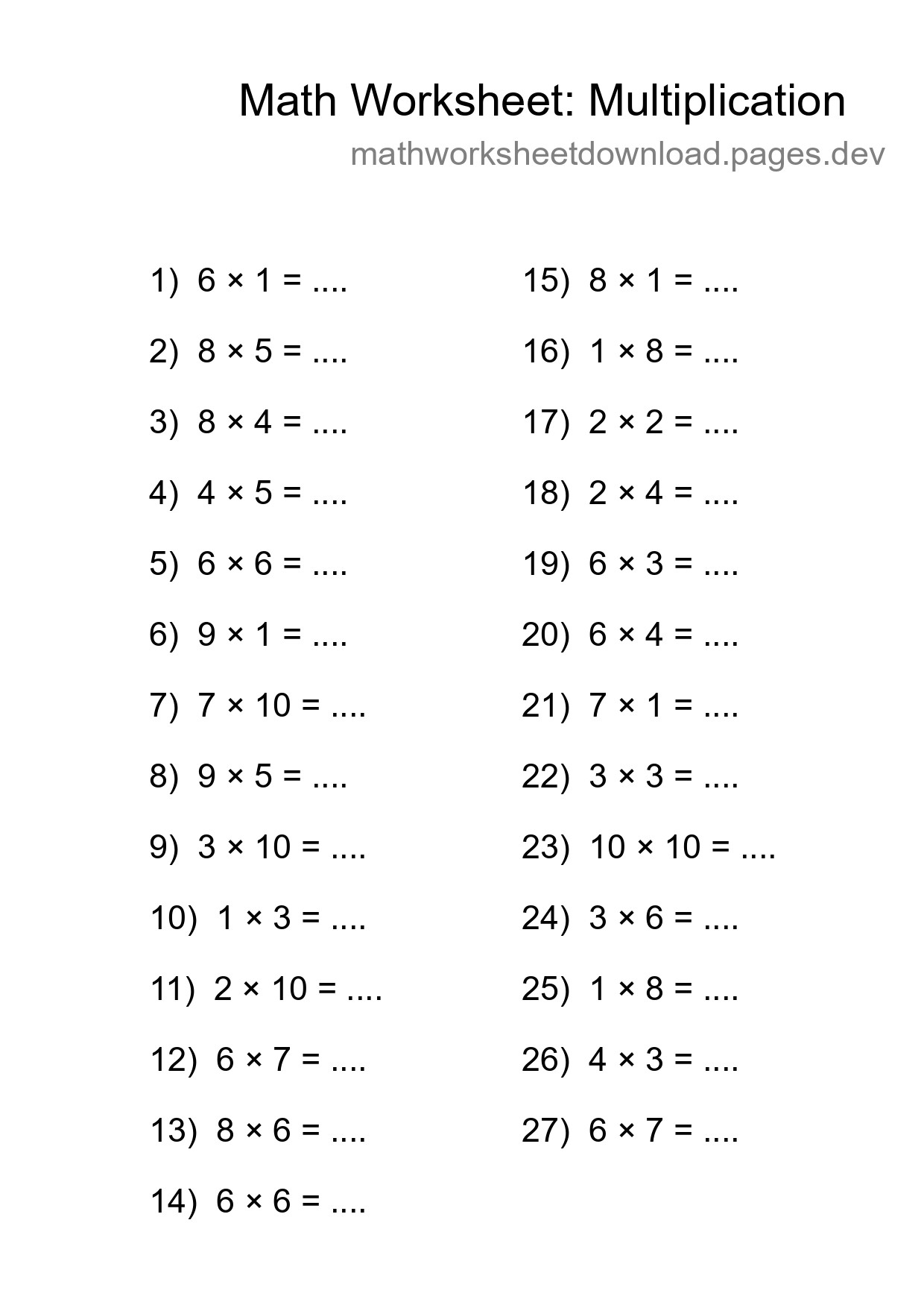 Grade 1 Multiplication Practice Worksheet (27 Problems) - Part 297