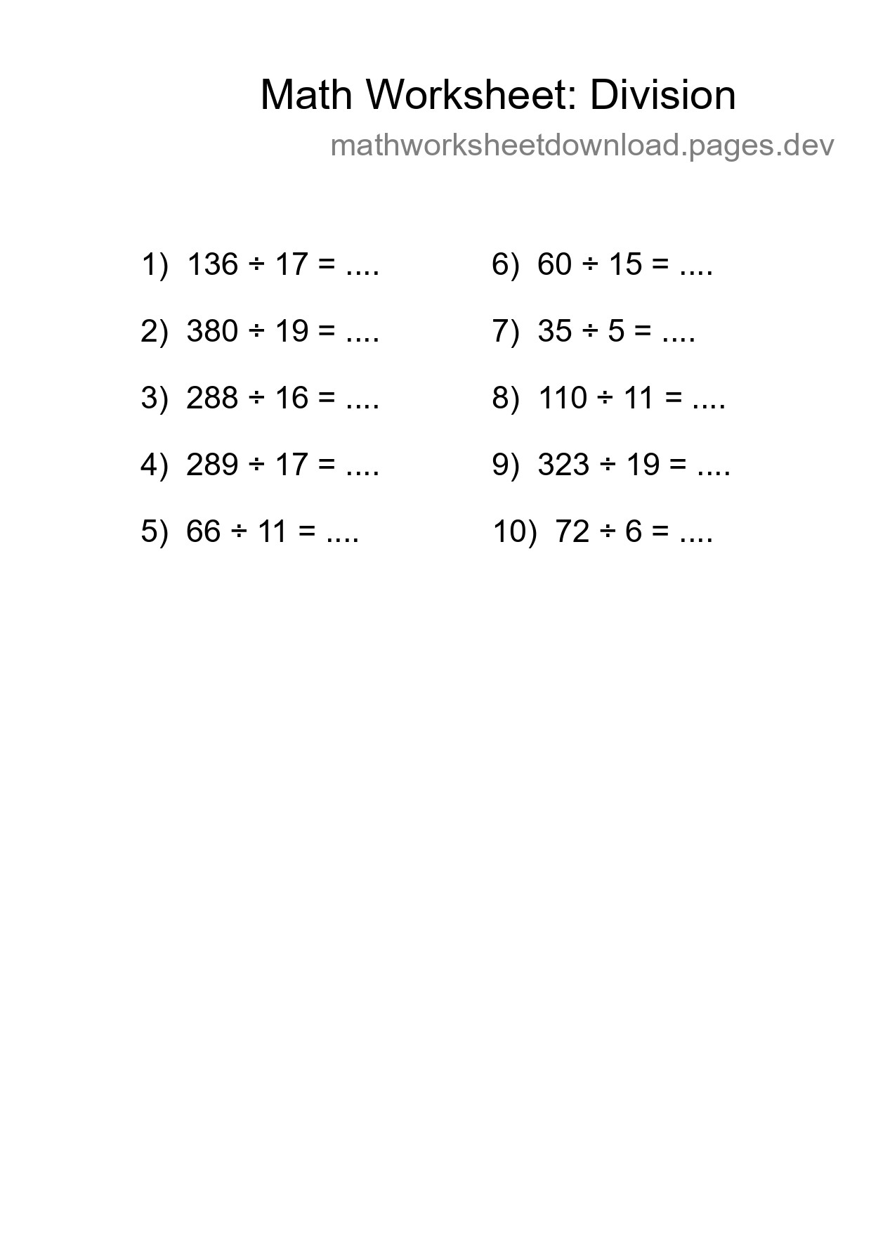 Grade 2 Division Practice Worksheet (10 Problems) - Part 174