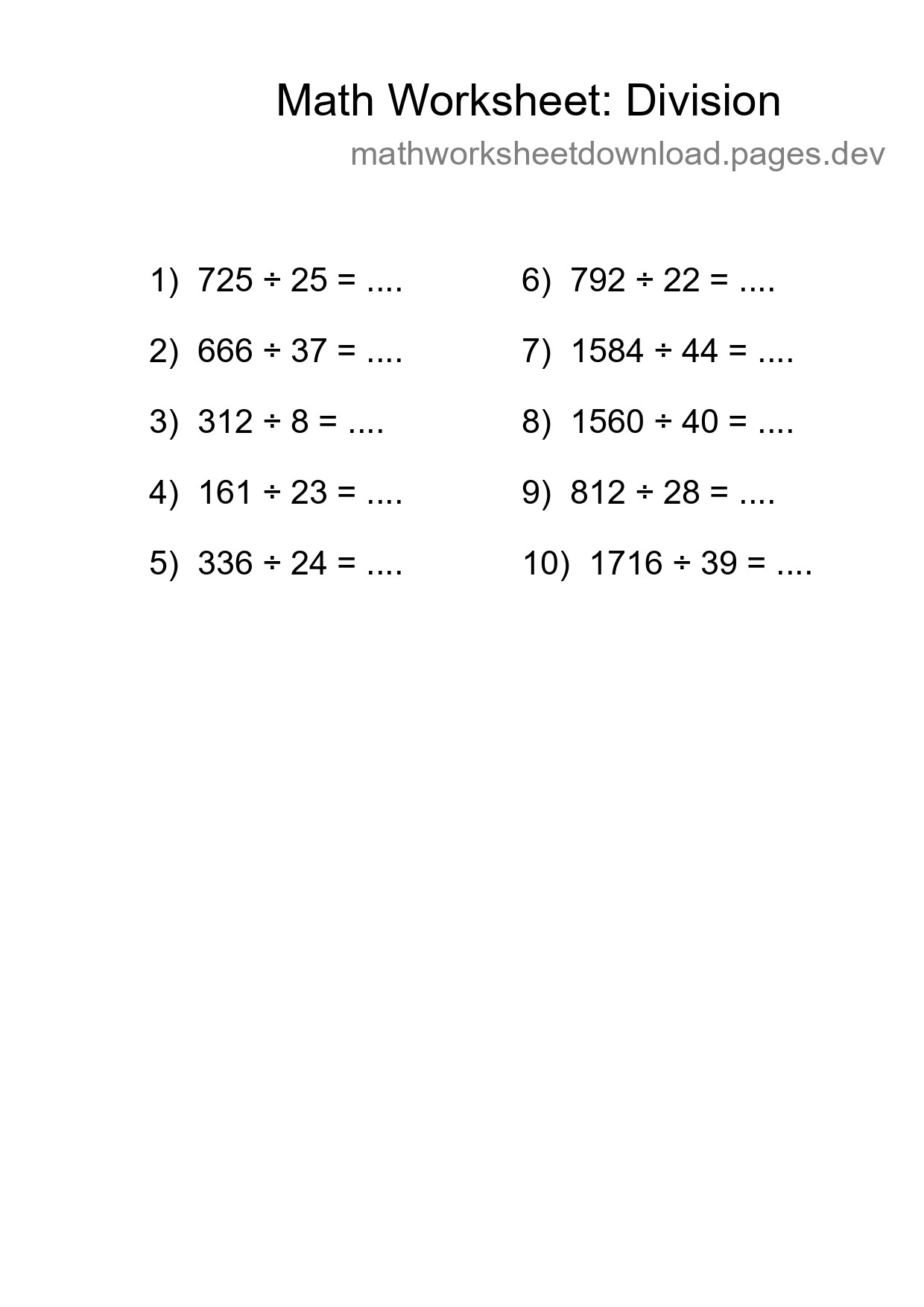 Grade 2 Division Practice Worksheet (10 Problems) - Part 284