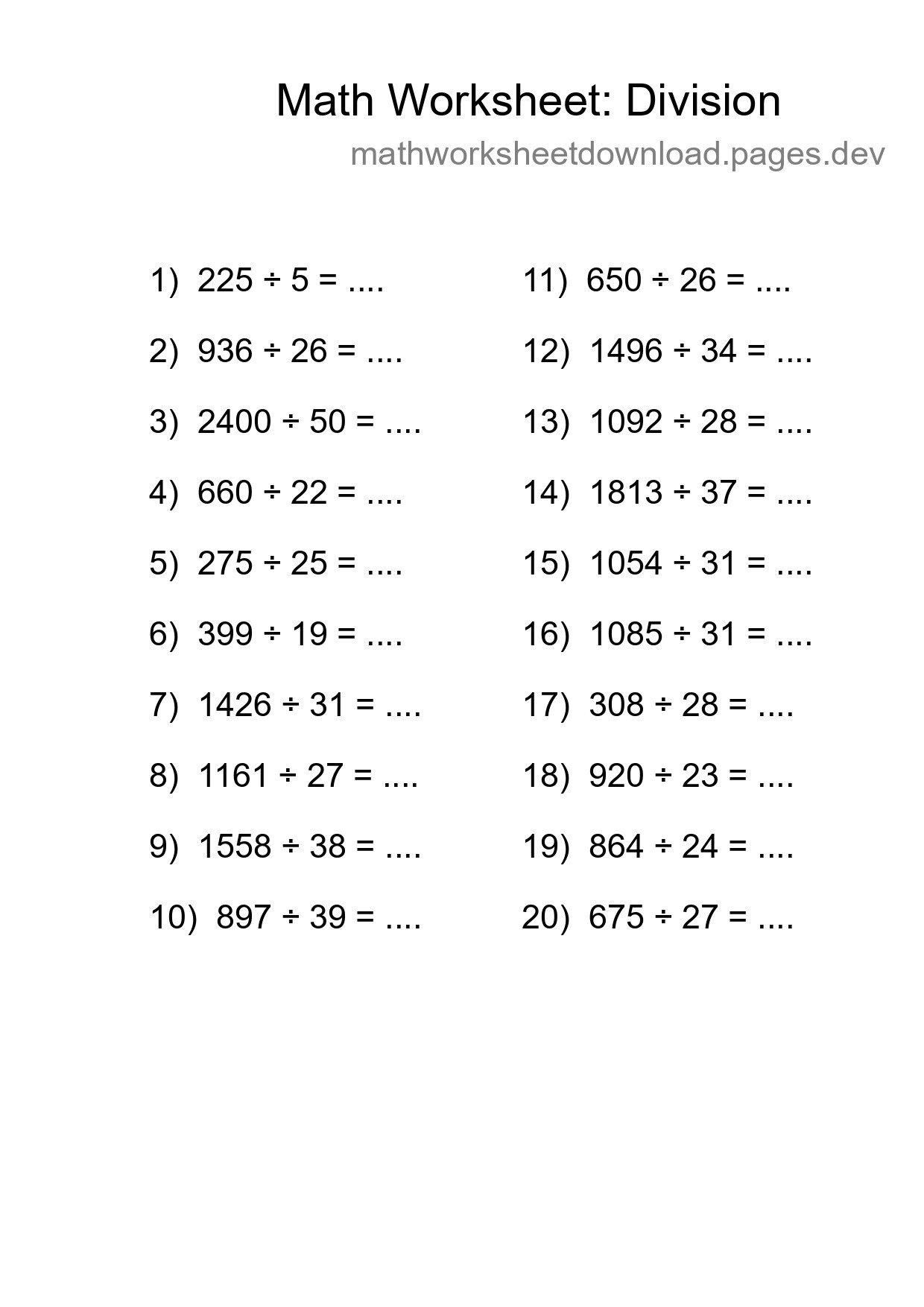 Grade 2 Division Practice Worksheet (20 Problems) - Part 264