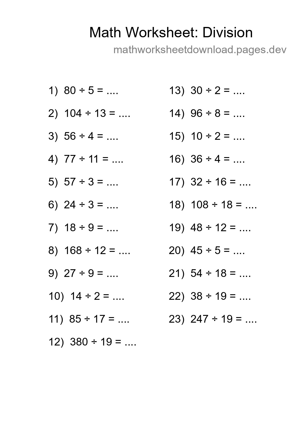 Grade 2 Division Practice Worksheet (23 Problems) - Part 234