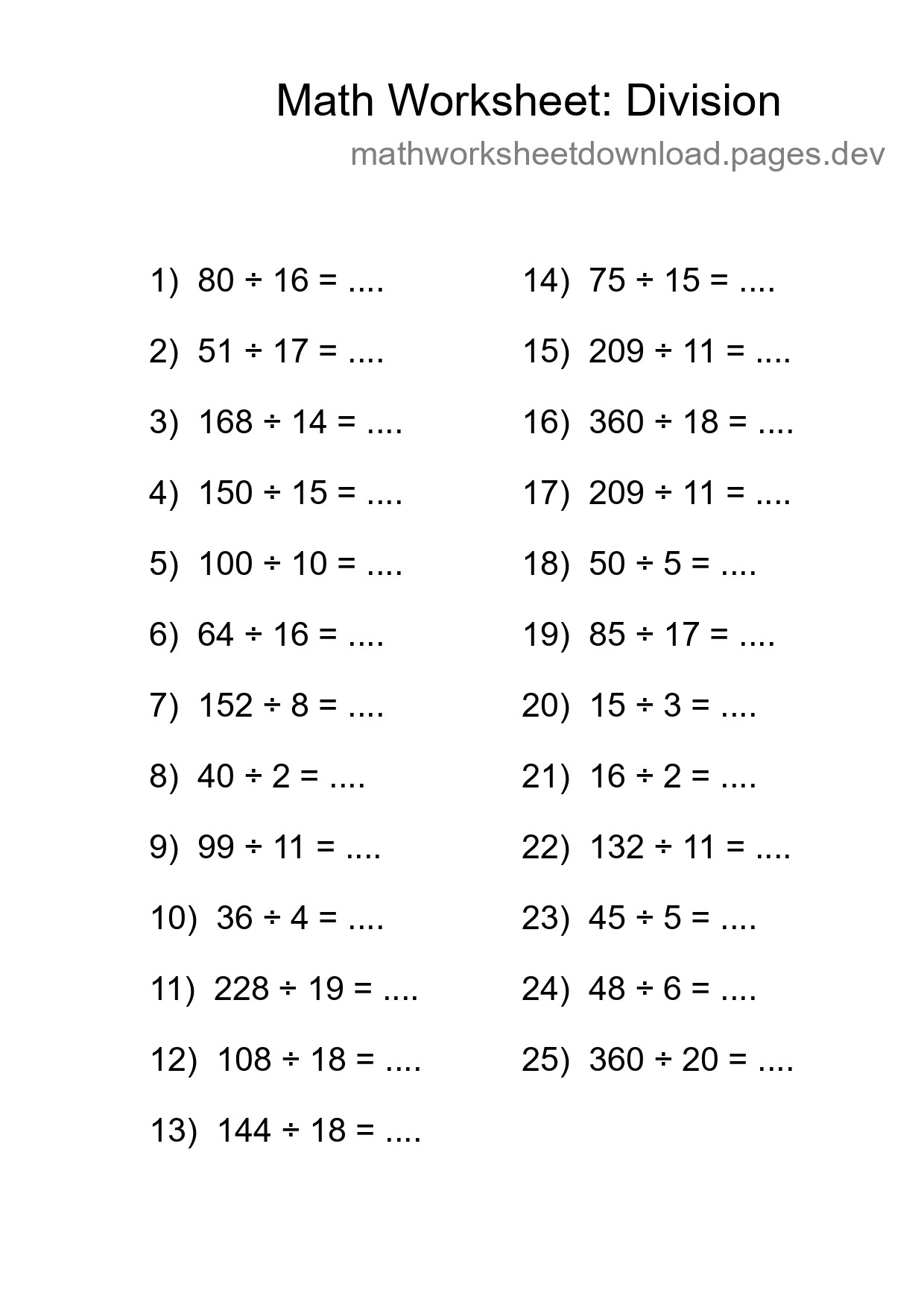 Grade 2 Division Practice Worksheet (25 Problems) - Part 54