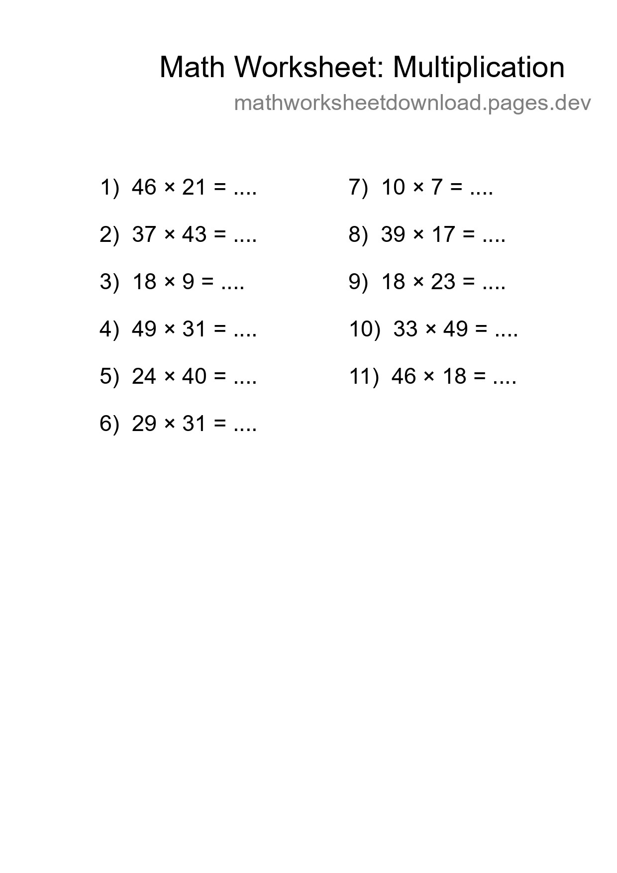Grade 2 Multiplication Practice Worksheet (11 Problems) - Part 147