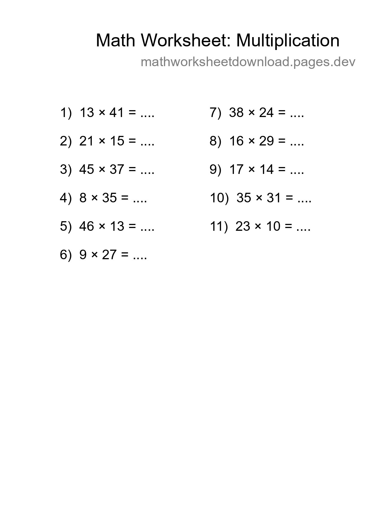 Grade 2 Multiplication Practice Worksheet (11 Problems) - Part 87