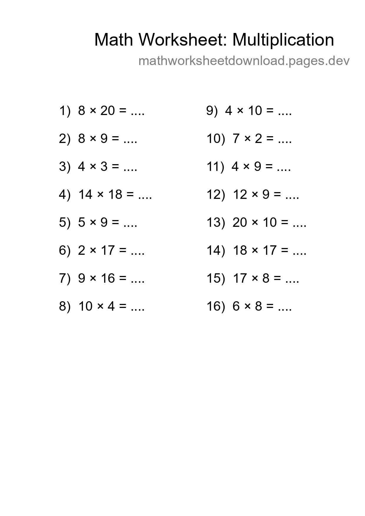 Grade 2 Multiplication Practice Worksheet (16 Problems) - Part 287