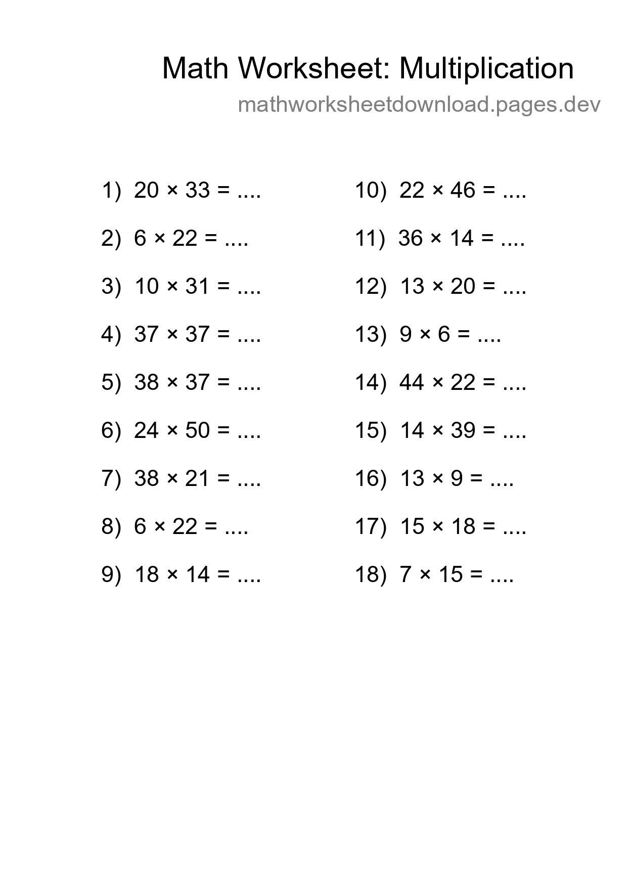 Grade 2 Multiplication Practice Worksheet (18 Problems) - Part 167