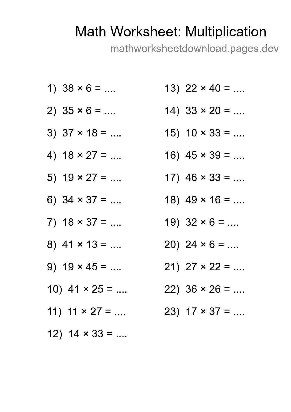 Grade 2 Multiplication Practice Worksheet (23 Problems) - Part 157
