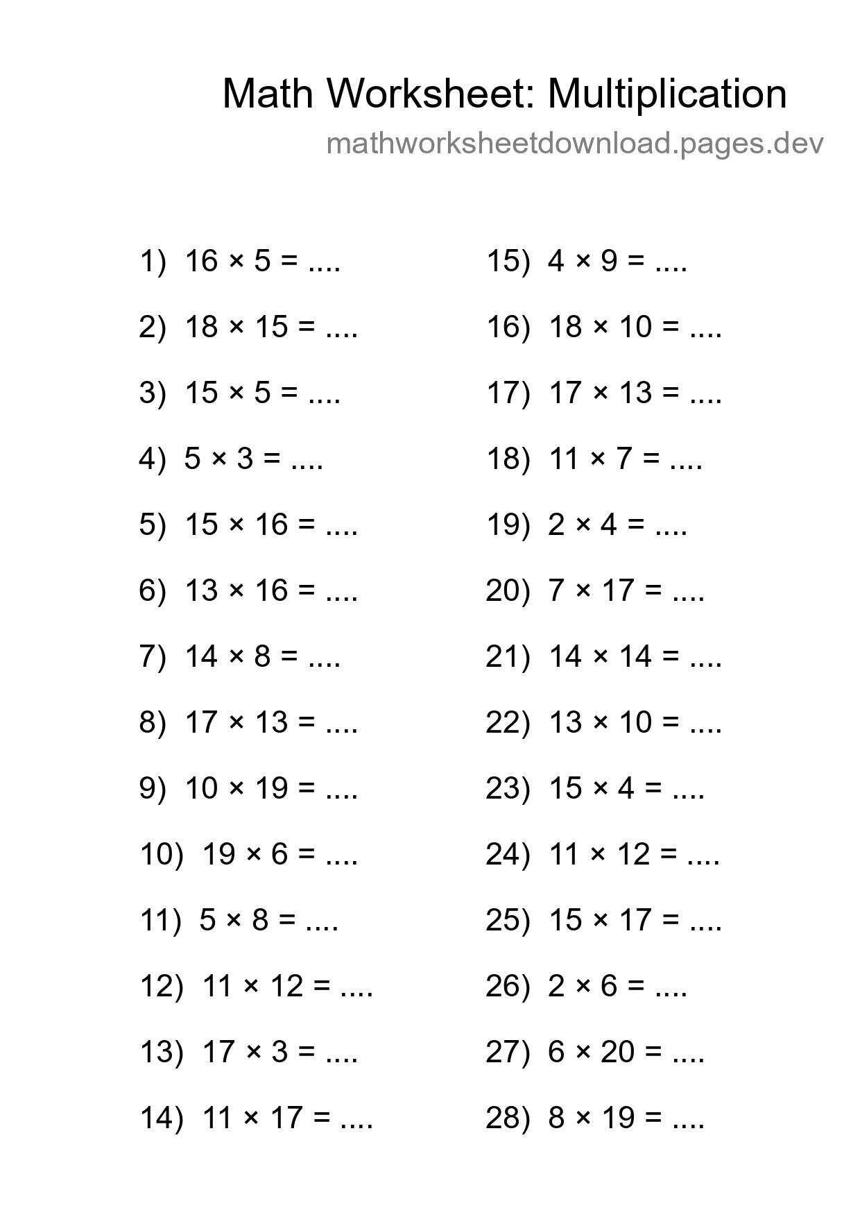 Grade 2 Multiplication Practice Worksheet (28 Problems) - Part 207
