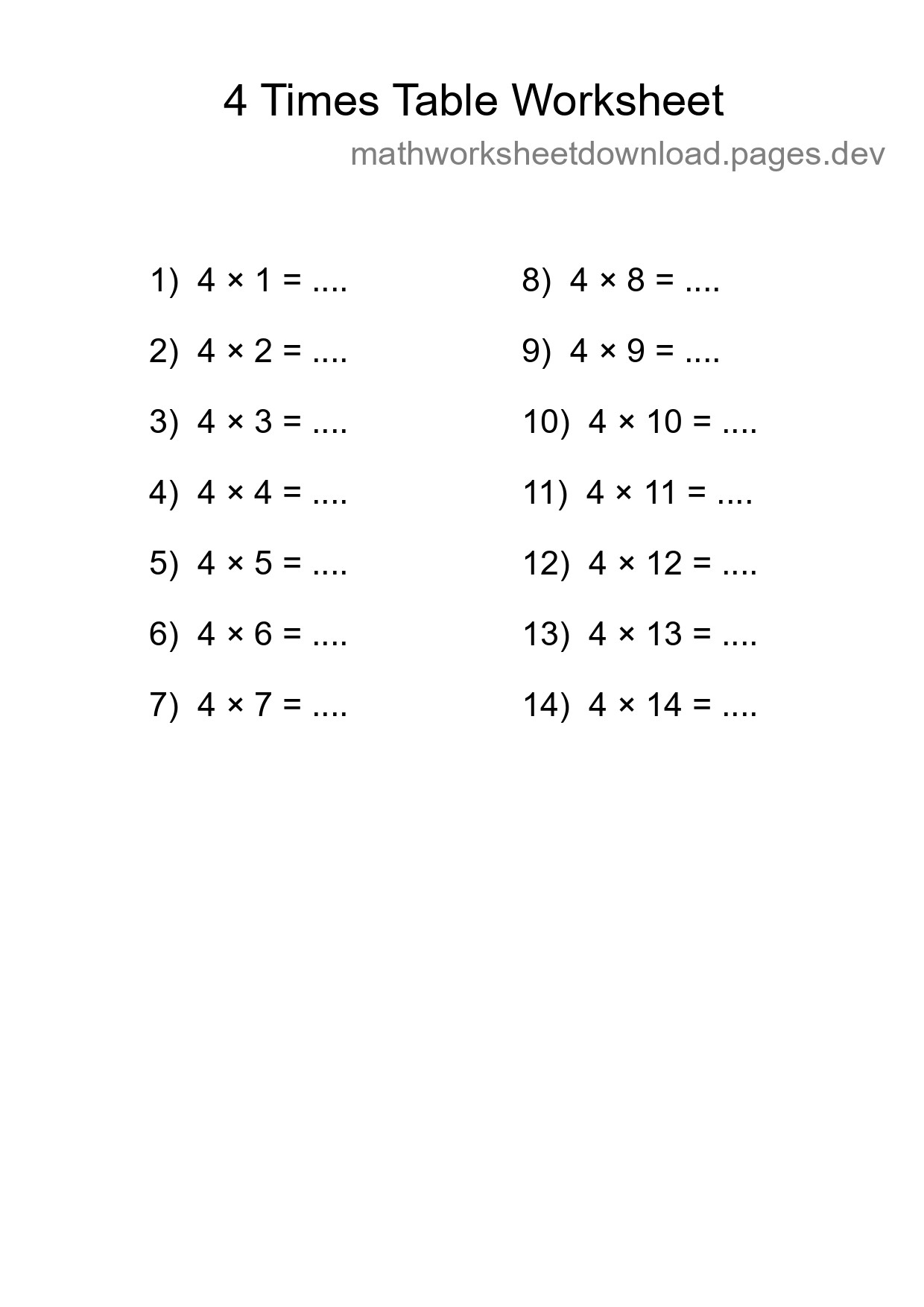Grade 2 Multiplication Table 4 Practice - Part 119