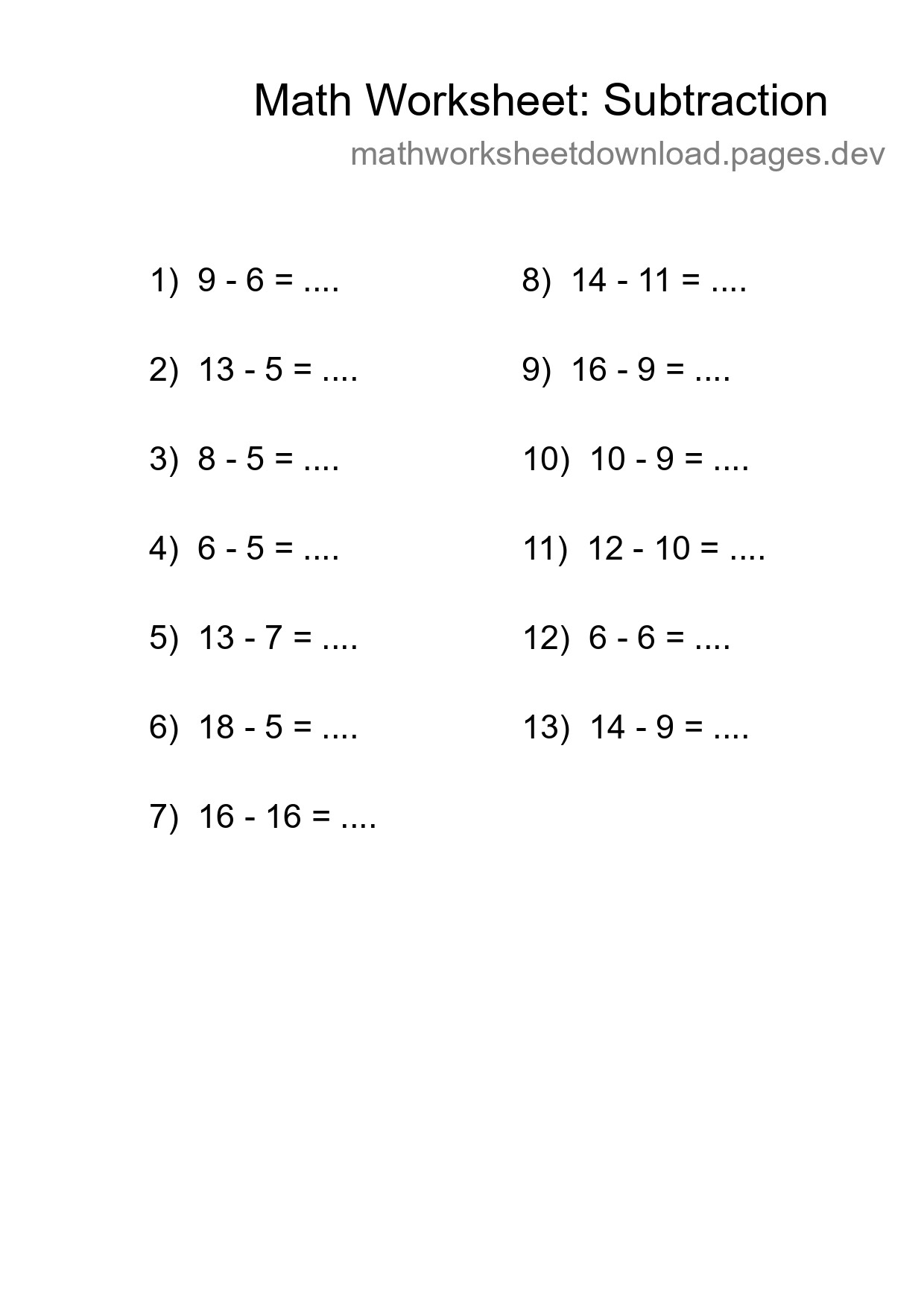 Grade 2 Subtraction Practice Worksheet (13 Problems) - Part 268