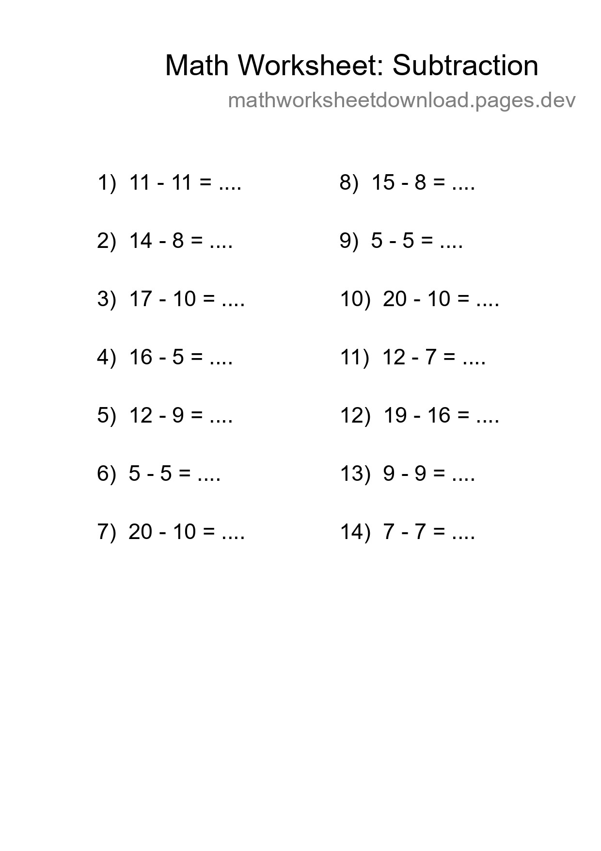 Grade 2 Subtraction Practice Worksheet (14 Problems) - Part 8