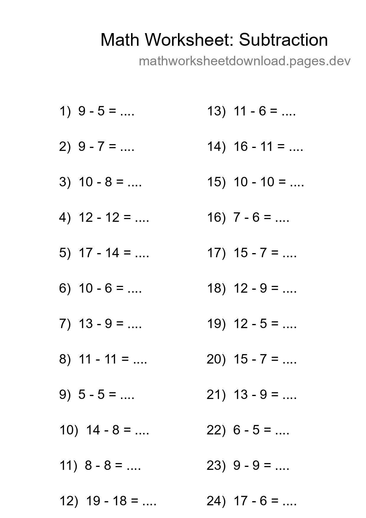 Grade 2 Subtraction Practice Worksheet (24 Problems) - Part 108