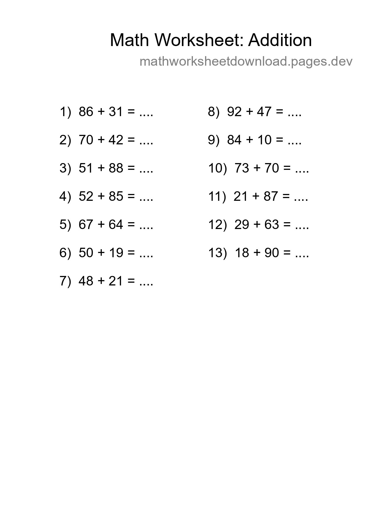 Grade 3 Addition Practice Worksheet (13 Problems) - Part 281
