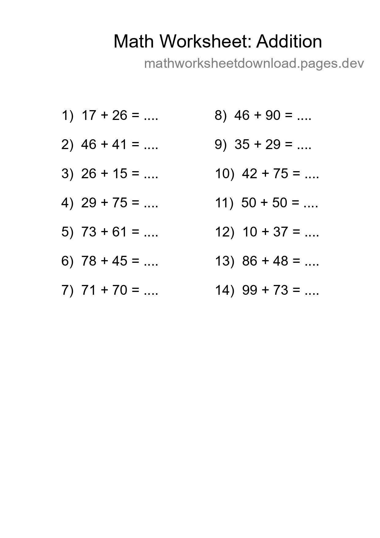 Grade 3 Addition Practice Worksheet (14 Problems) - Part 21