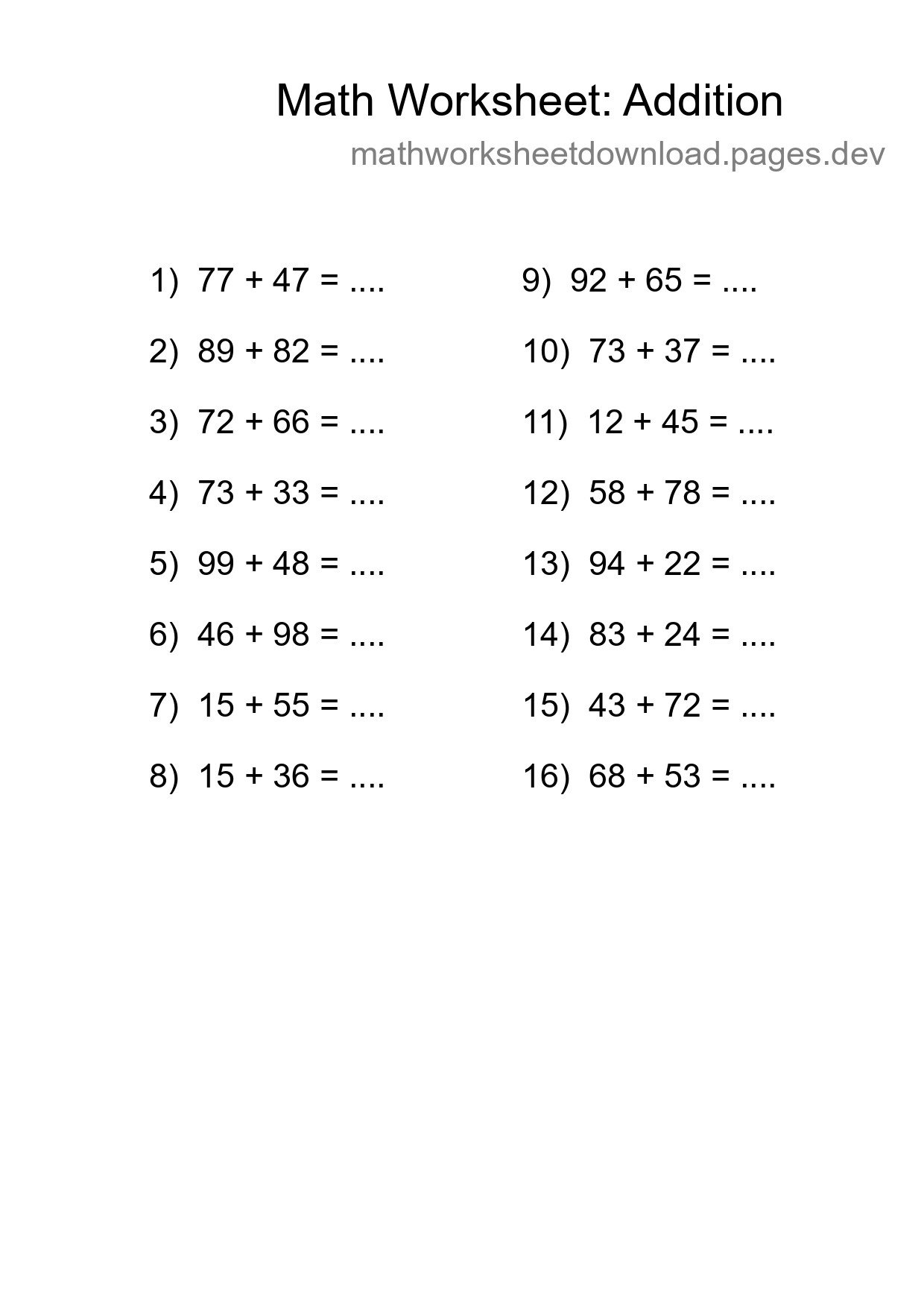 Grade 3 Addition Practice Worksheet (16 Problems) - Part 201